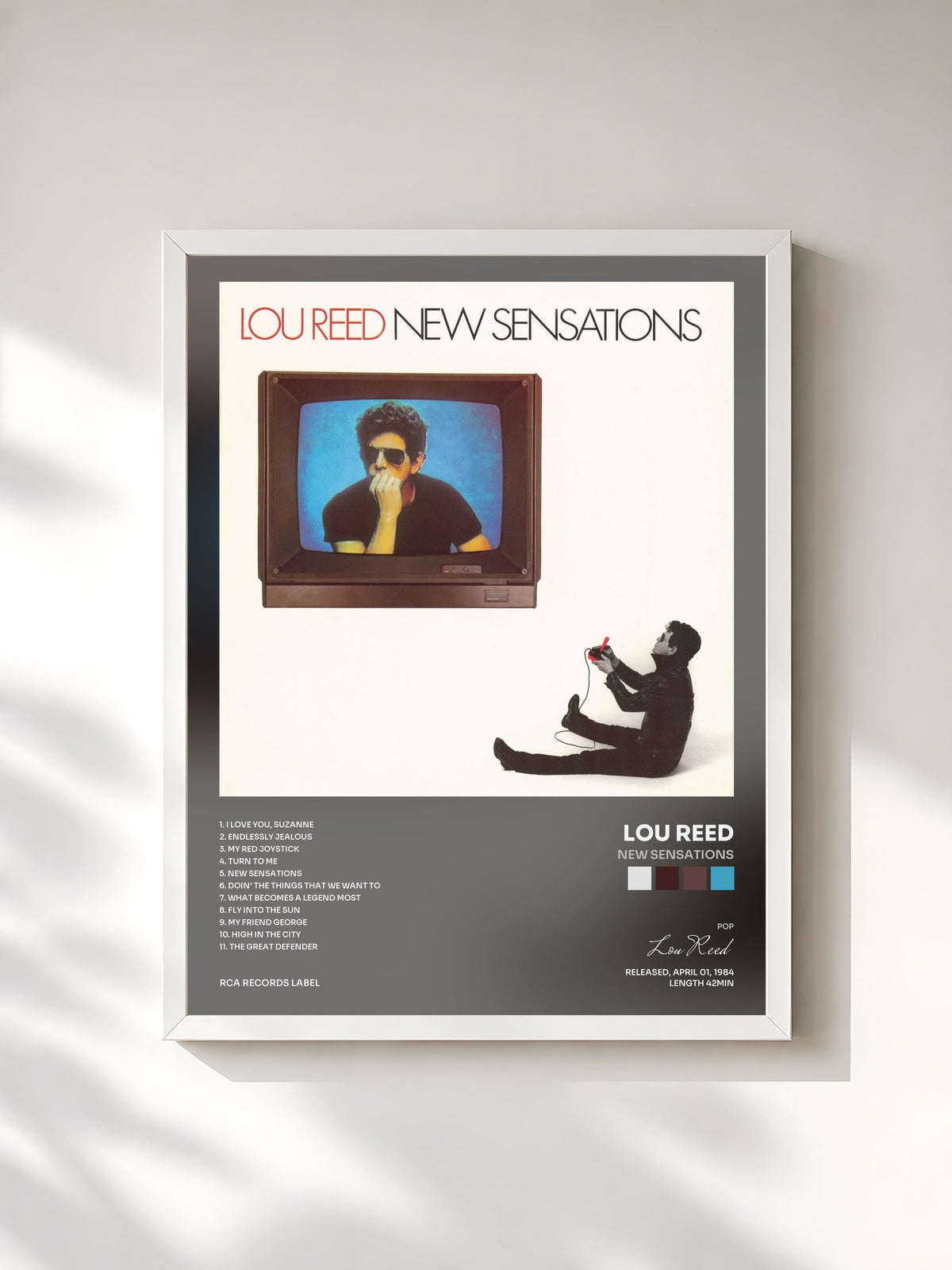 #blanc Tableau de l'album New Sensations de Lou Reed, cadre blanc, imprimé et encadré en France