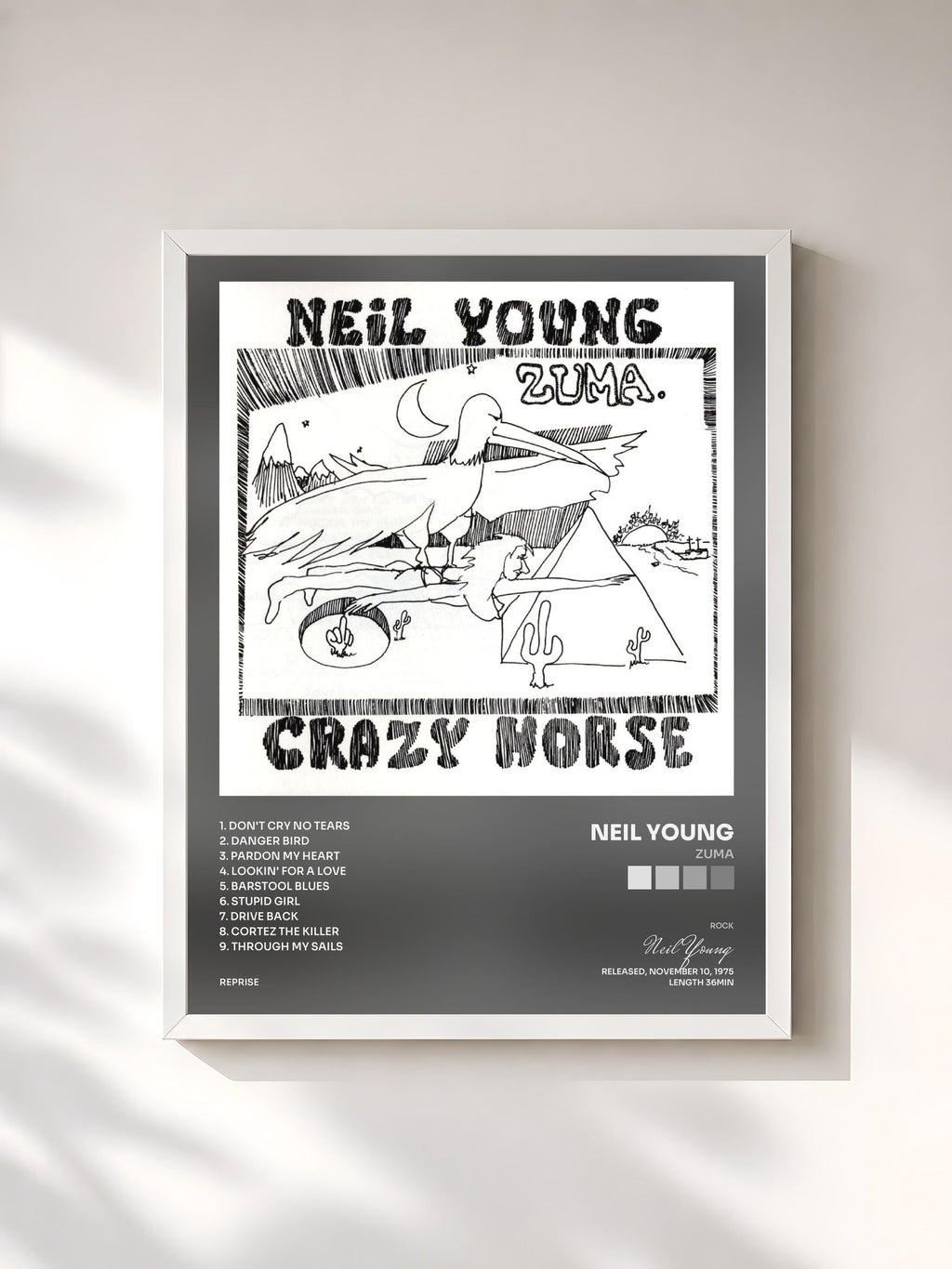 #blanc Tableau de l'album Zuma de Neil Young, cadre blanc, imprimé et encadré en France