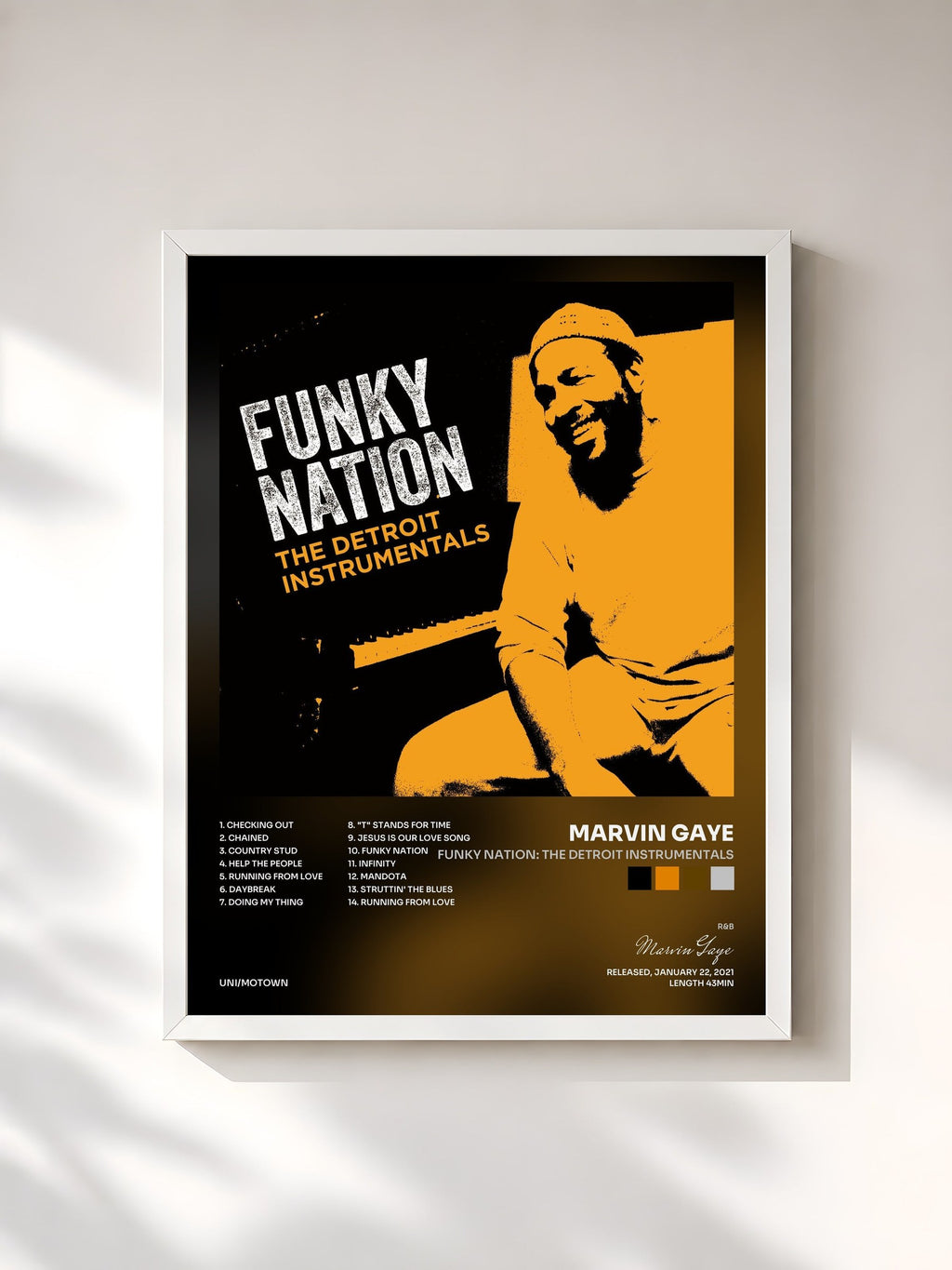 #blanc Funky Nation: The Detroit Instrumentals by Marvin Gaye as a framed art print, white frame, printed and framed in France