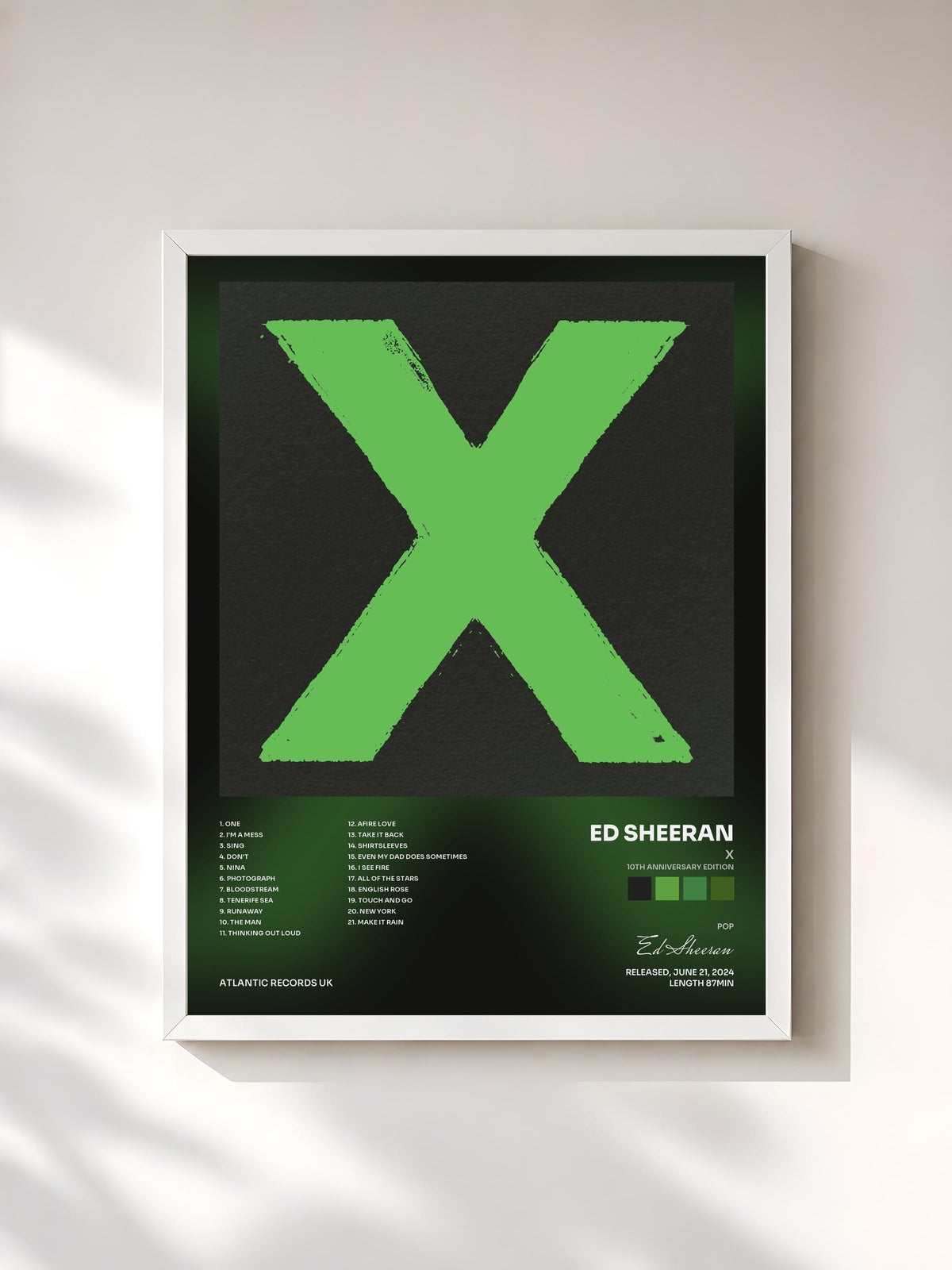 #blanc Tableau de l'album x (10th Anniversary Edition) de Ed Sheeran, cadre blanc, imprimé et encadré en France