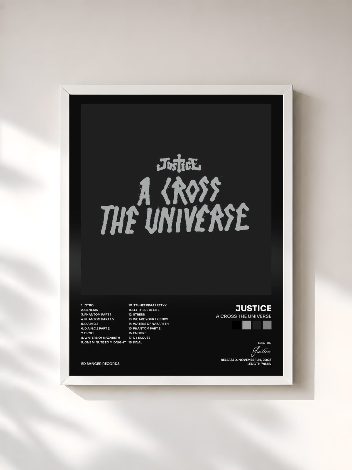#blanc Tableau de l'album A Cross The Universe de Justice, cadre blanc, imprimé et encadré en France