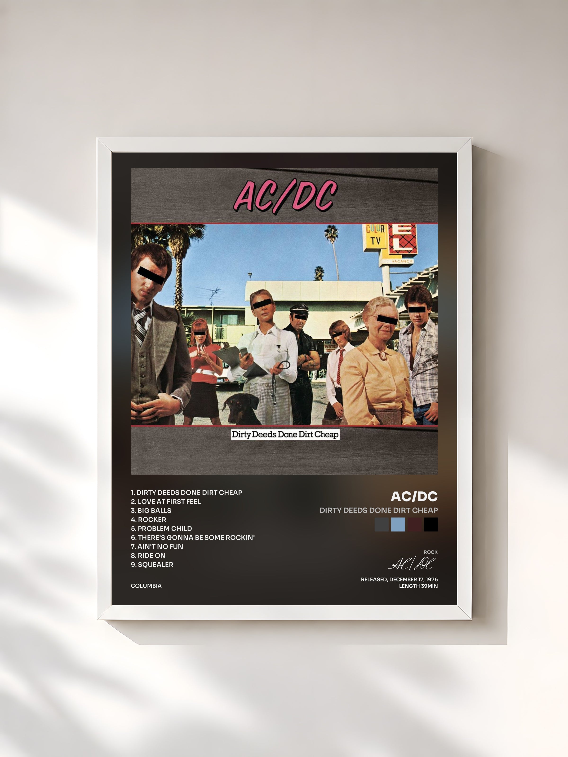 #blanc Dirty Deeds Done Dirt Cheap by AC/DC as a framed art print, white frame, printed and framed in France