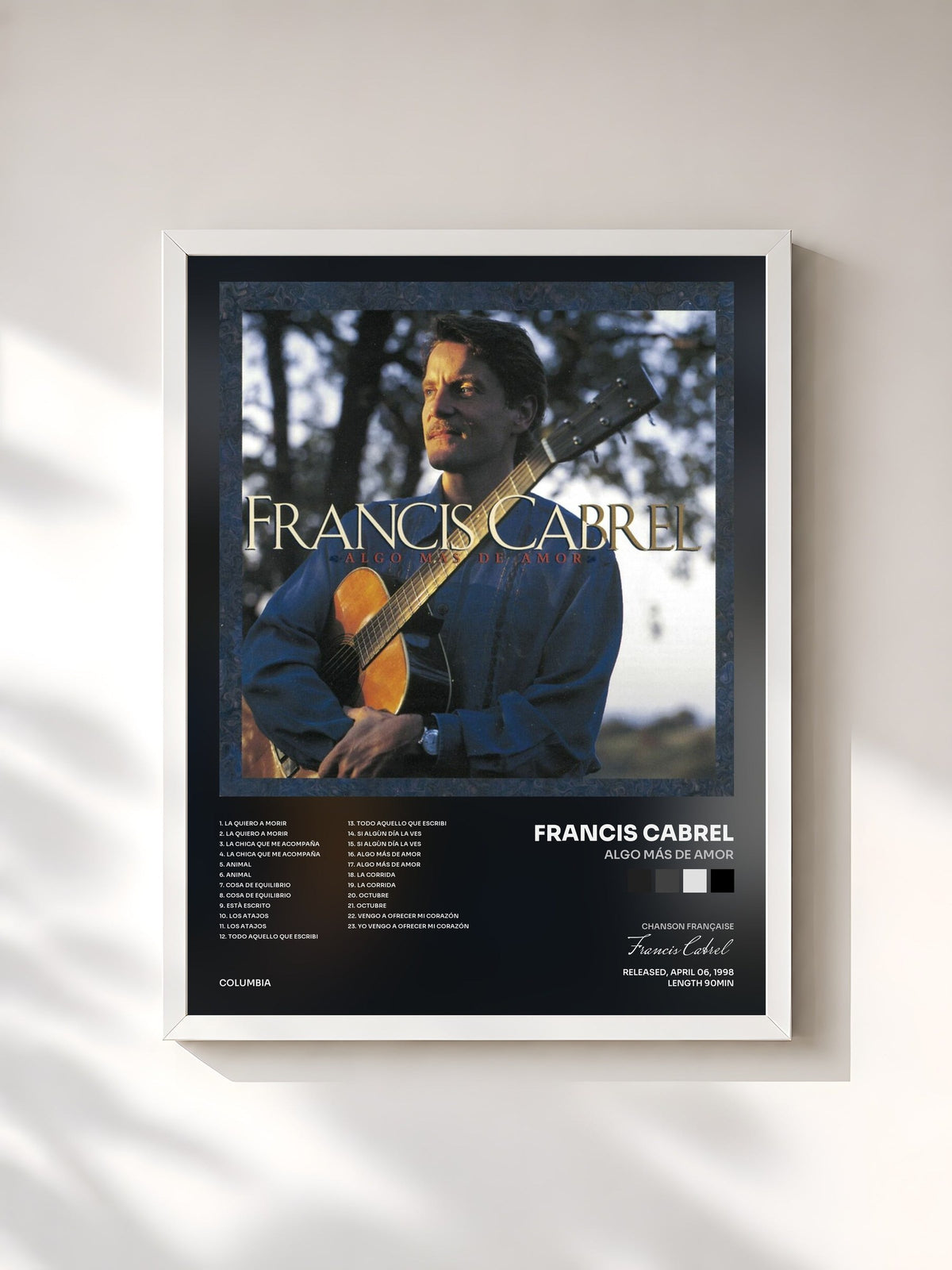 #blanc Tableau de l'album Algo Más de Amor de Francis Cabrel, cadre blanc, imprimé et encadré en France