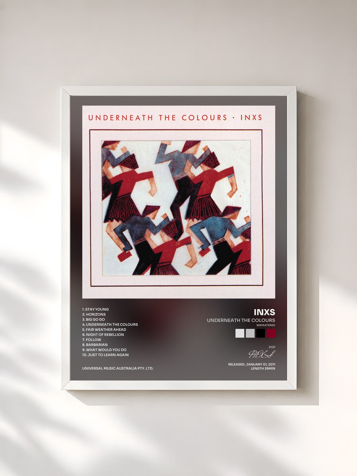 #blanc Tableau de l'album Underneath The Colours (Remastered) de INXS, cadre blanc, imprimé et encadré en France