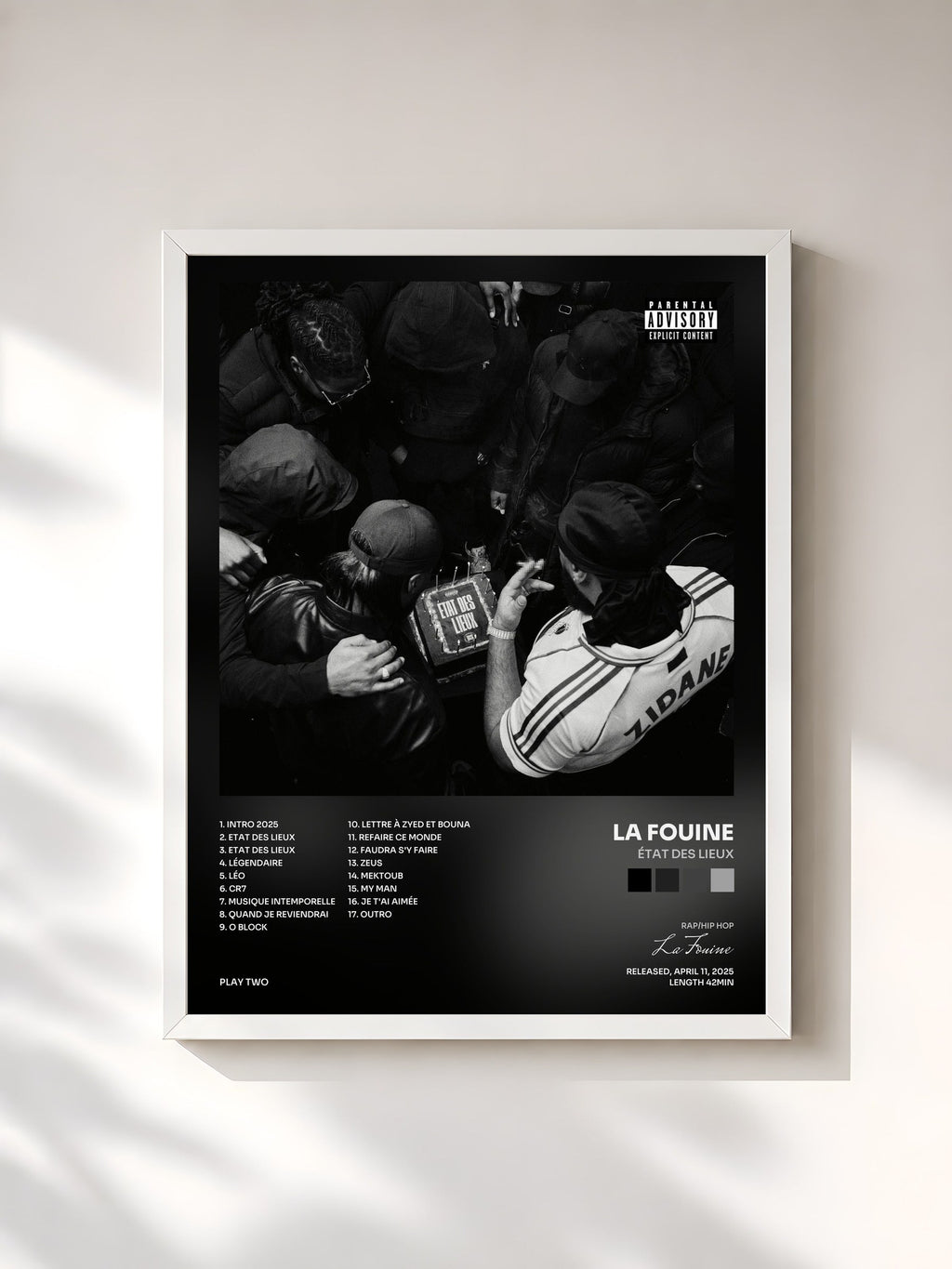 #blanc Tableau de l'album ÉTAT DES LIEUX de La Fouine, cadre blanc, imprimé et encadré en France