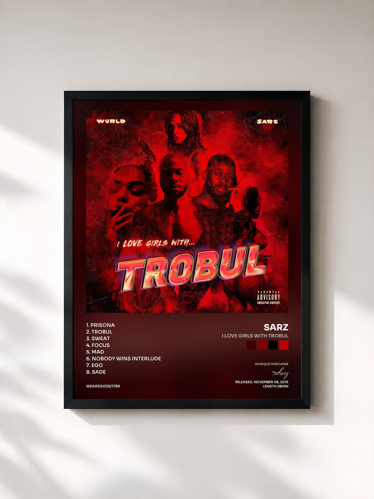 #noir Tableau de l'album I LOVE GIRLS WITH TROBUL de Sarz, cadre noir, imprimé et encadré en France