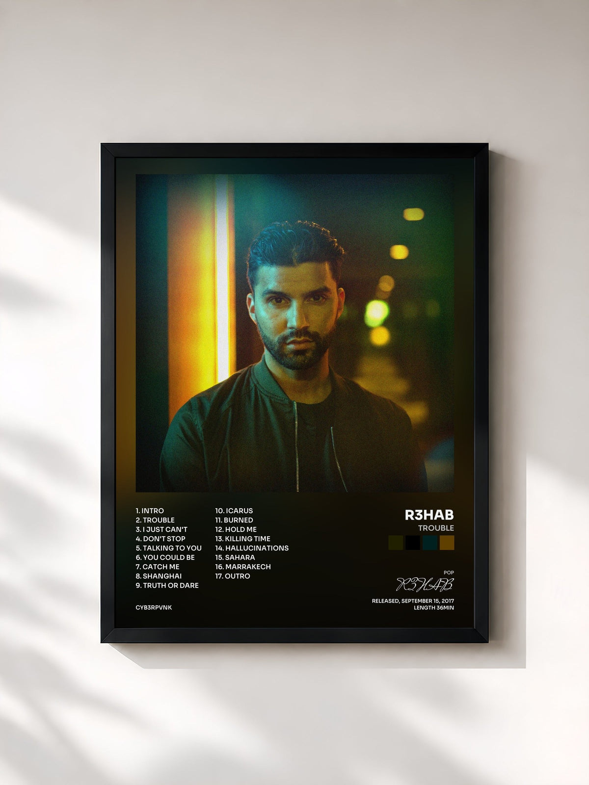 #noir Tableau de l'album Trouble de R3HAB, cadre noir, imprimé et encadré en France