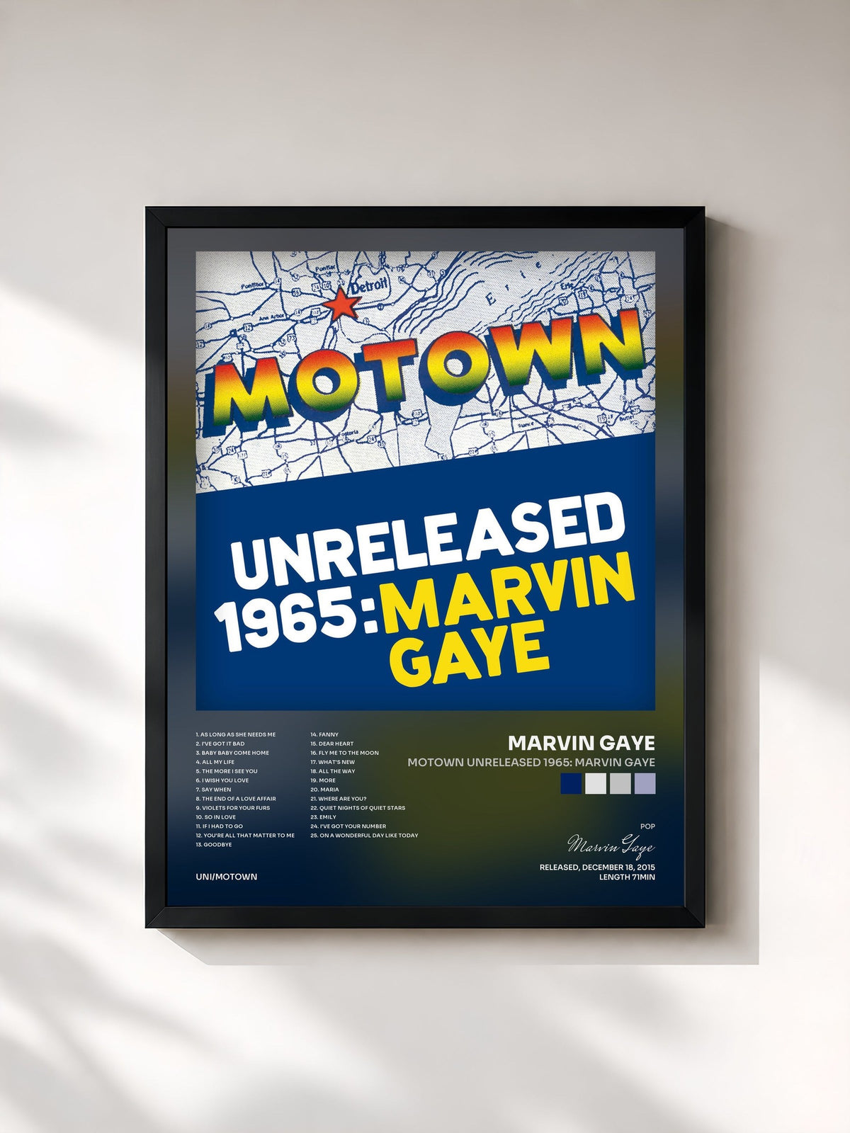 #noir Tableau de l'album Motown Unreleased 1965: Marvin Gaye de Marvin Gaye, cadre noir, imprimé et encadré en France