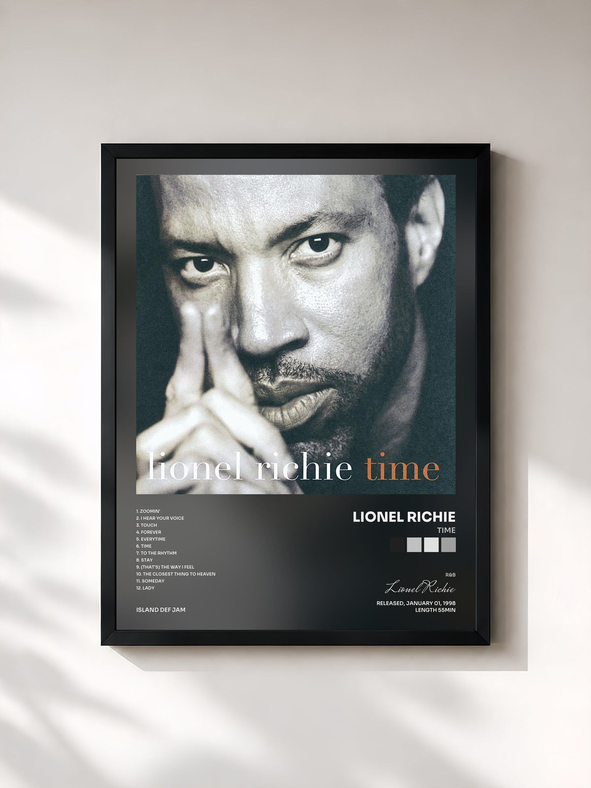 #noir Tableau de l'album Time de Lionel Richie, cadre noir, imprimé et encadré en France