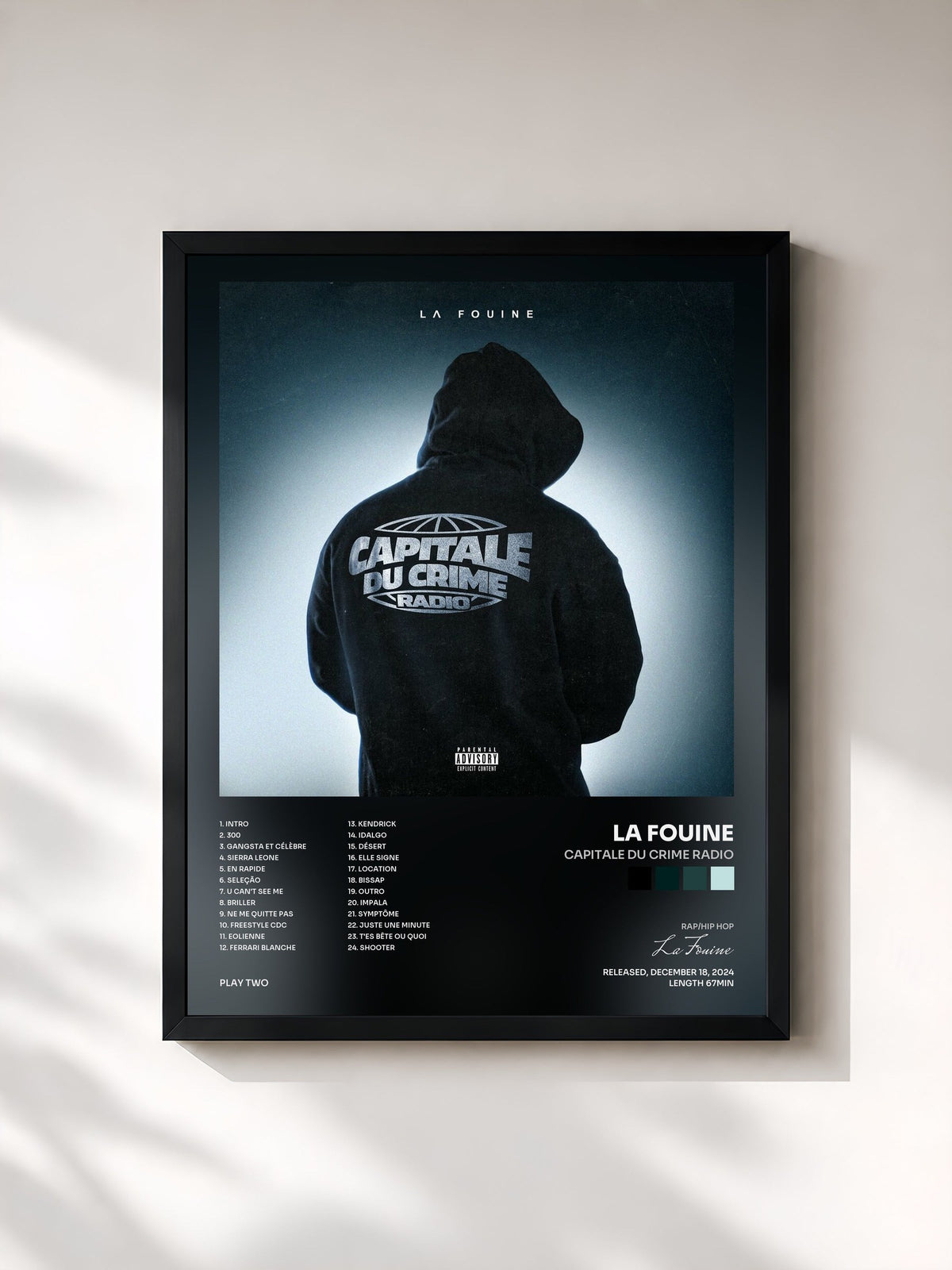#noir Tableau de l'album CAPITALE DU CRIME RADIO de La Fouine, cadre noir, imprimé et encadré en France