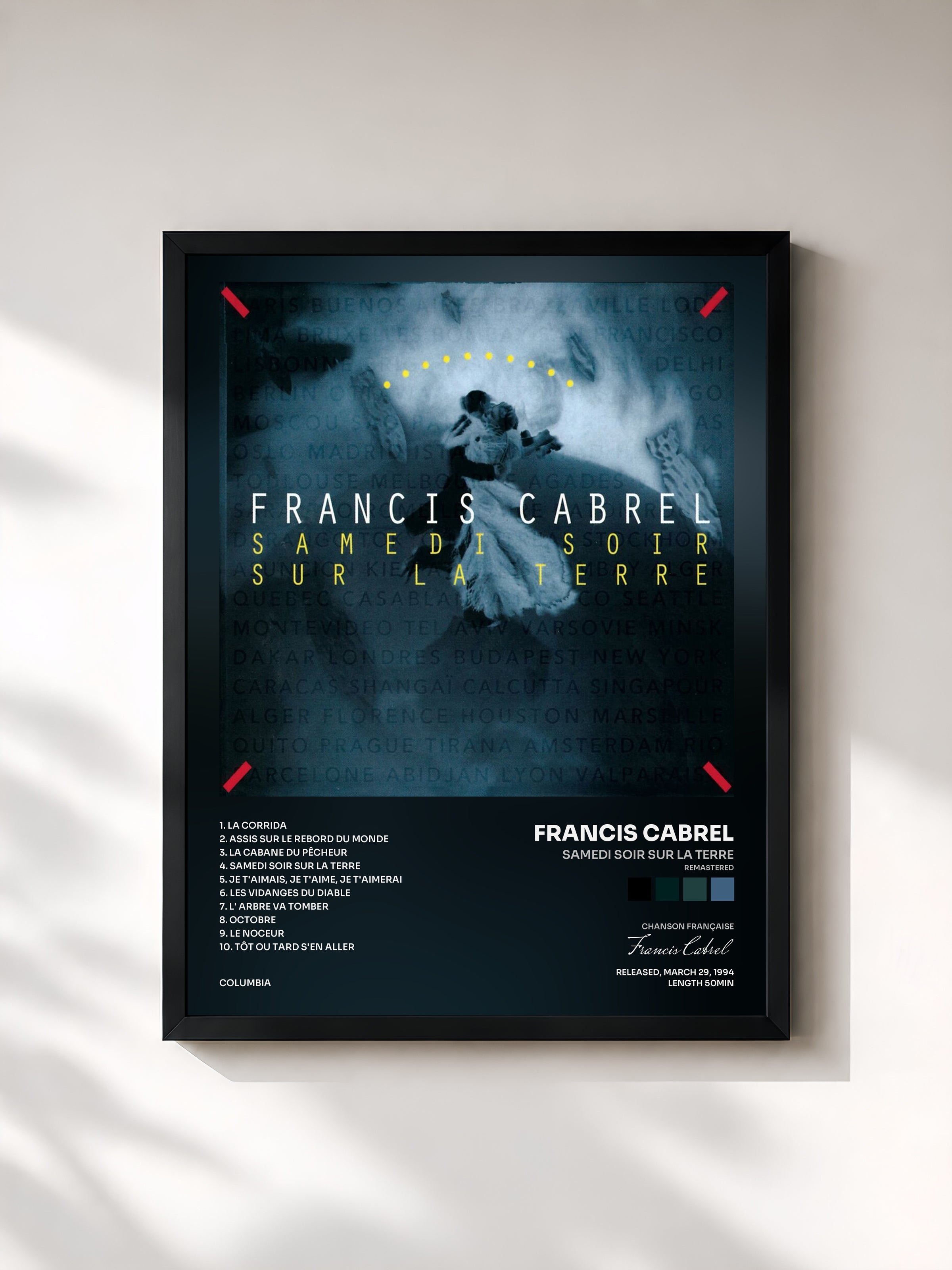 #noir Tableau de l'album Samedi soir sur la terre (Remastered) de Francis Cabrel, cadre noir, imprimé et encadré en France