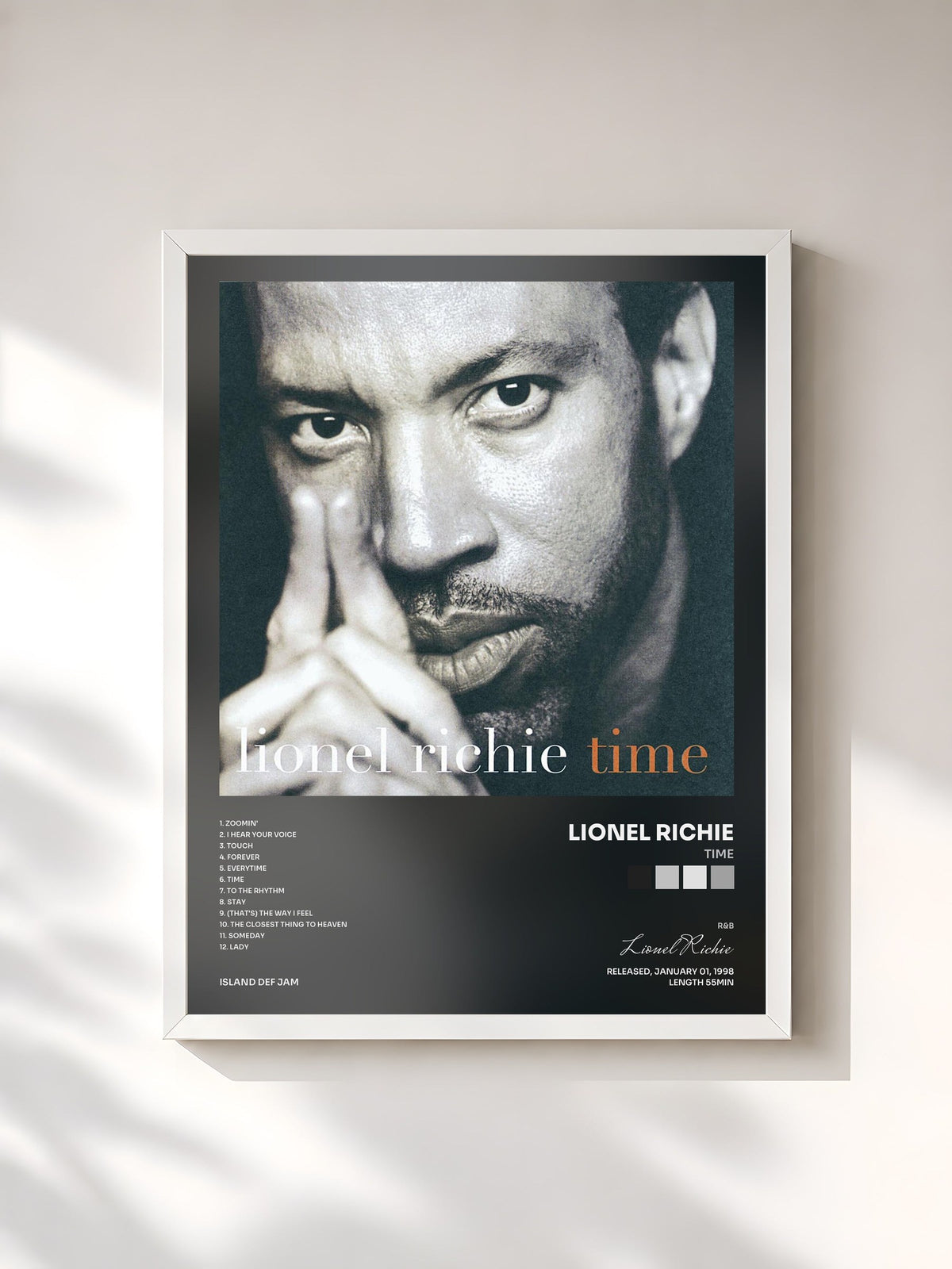 #blanc Tableau de l'album Time de Lionel Richie, cadre blanc, imprimé et encadré en France