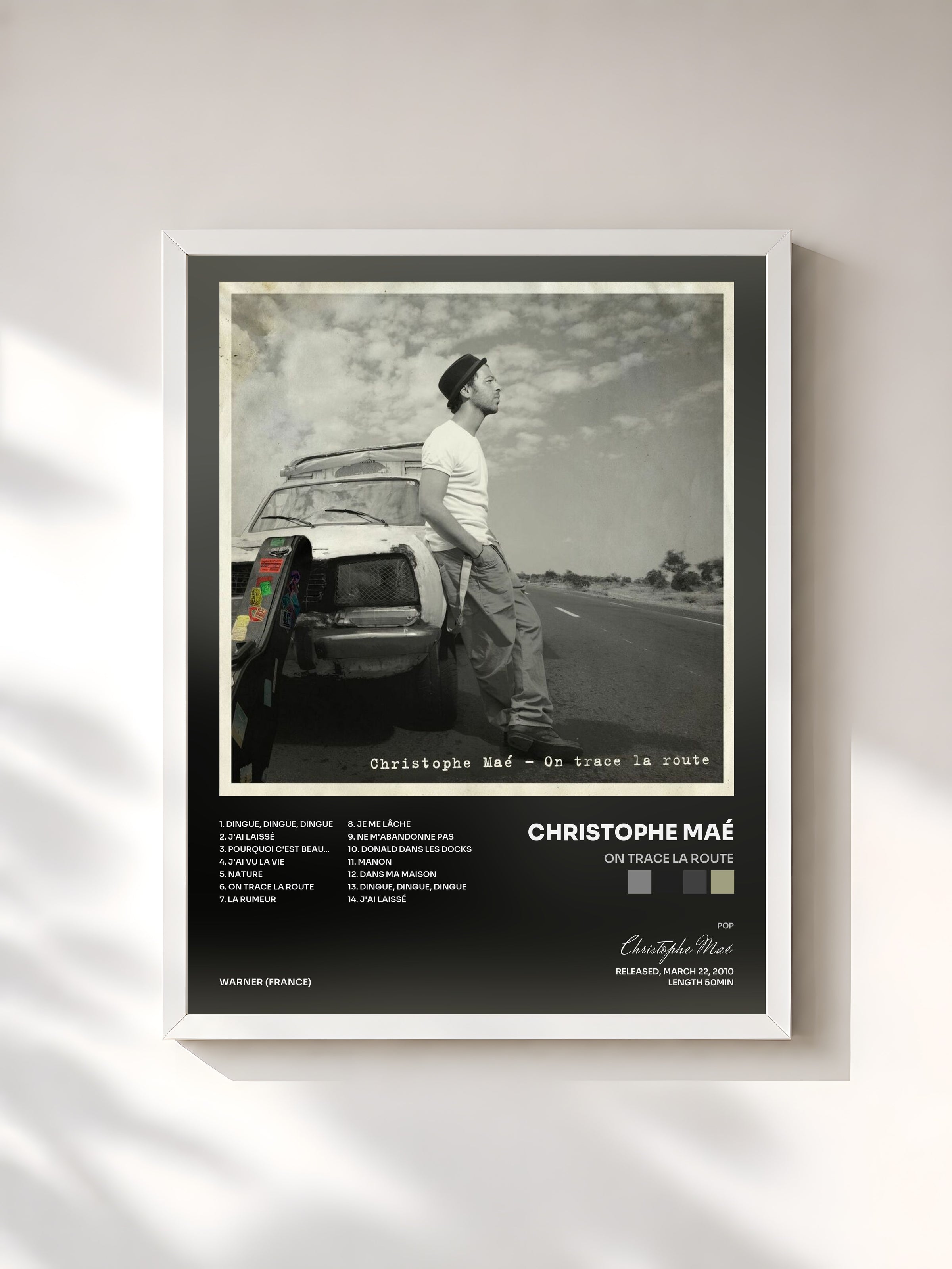 #blanc Tableau de l'album On Trace La Route de Christophe Maé, cadre blanc, imprimé et encadré en France
