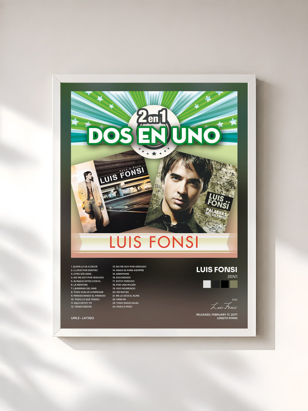 #blanc 2En1 de Luis Fonsi en lámina enmarcada, marco blanco, impresa y enmarcada en Francia