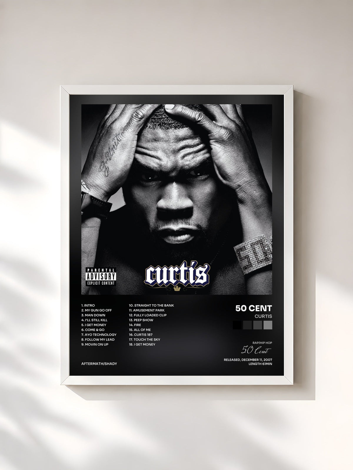 #blanc Tableau de l'album Curtis de 50 Cent, cadre blanc, imprimé et encadré en France
