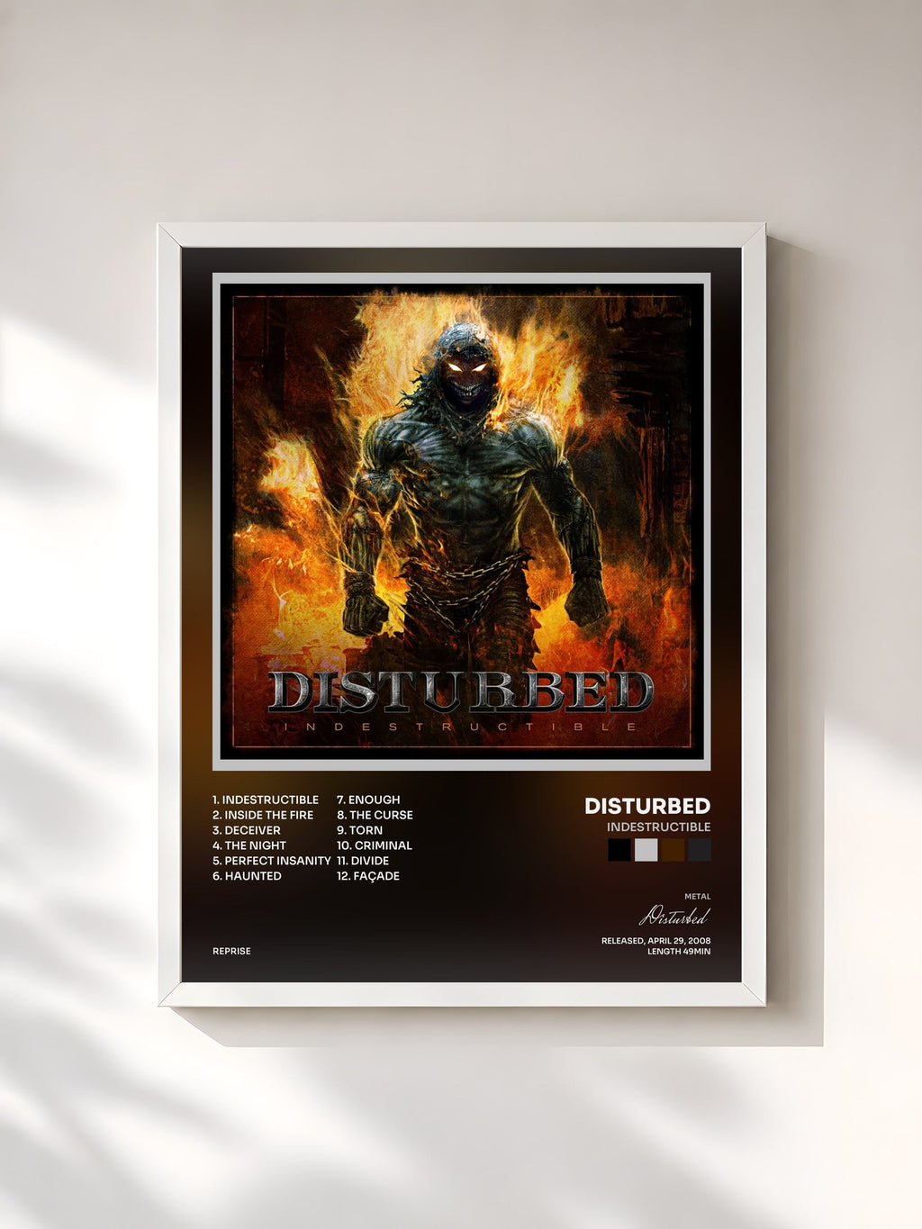 #blanc Tableau de l'album Indestructible de Disturbed, cadre blanc, imprimé et encadré en France