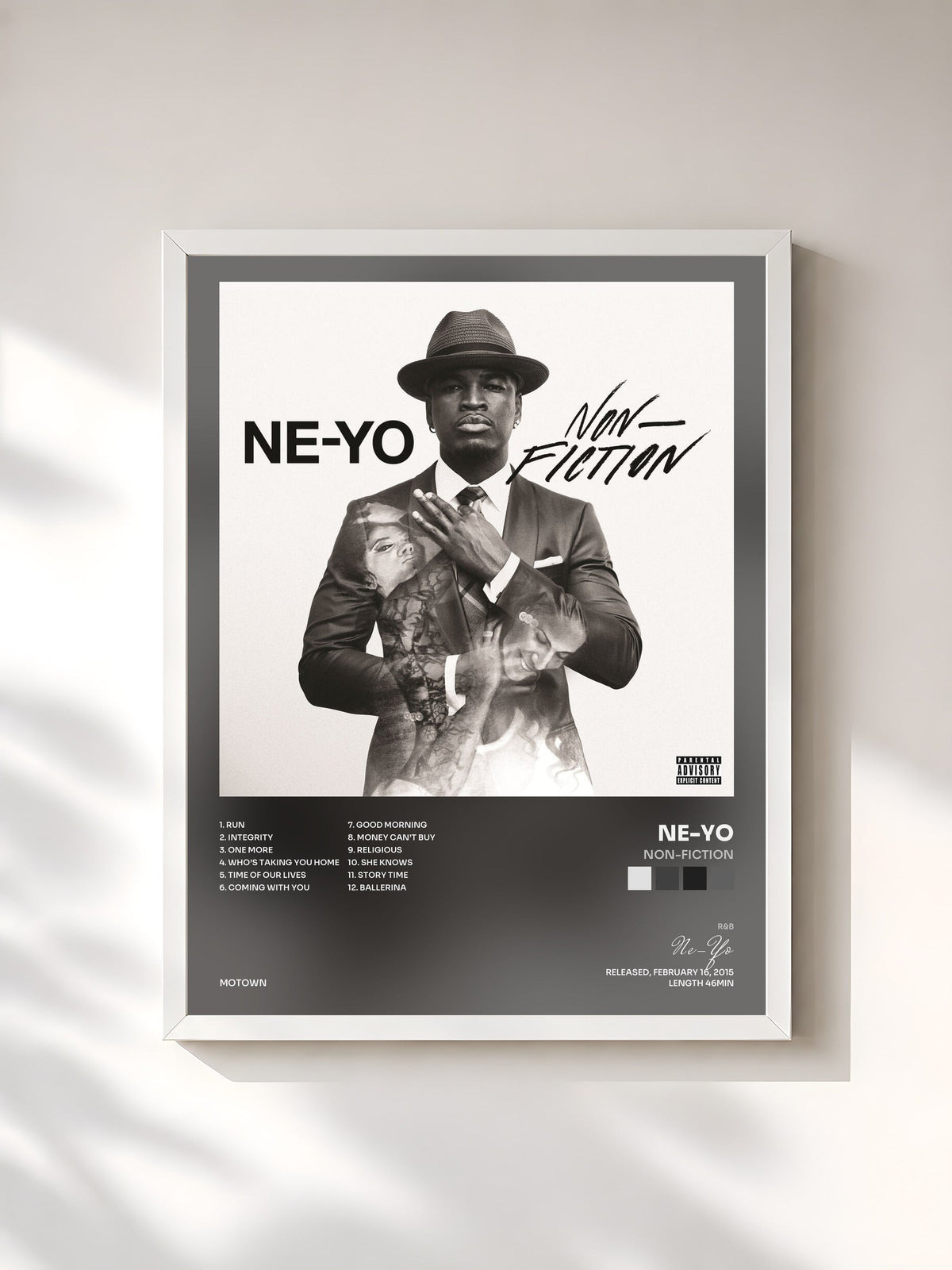 #blanc Tableau de l'album Non-Fiction de Ne-Yo, cadre blanc, imprimé et encadré en France