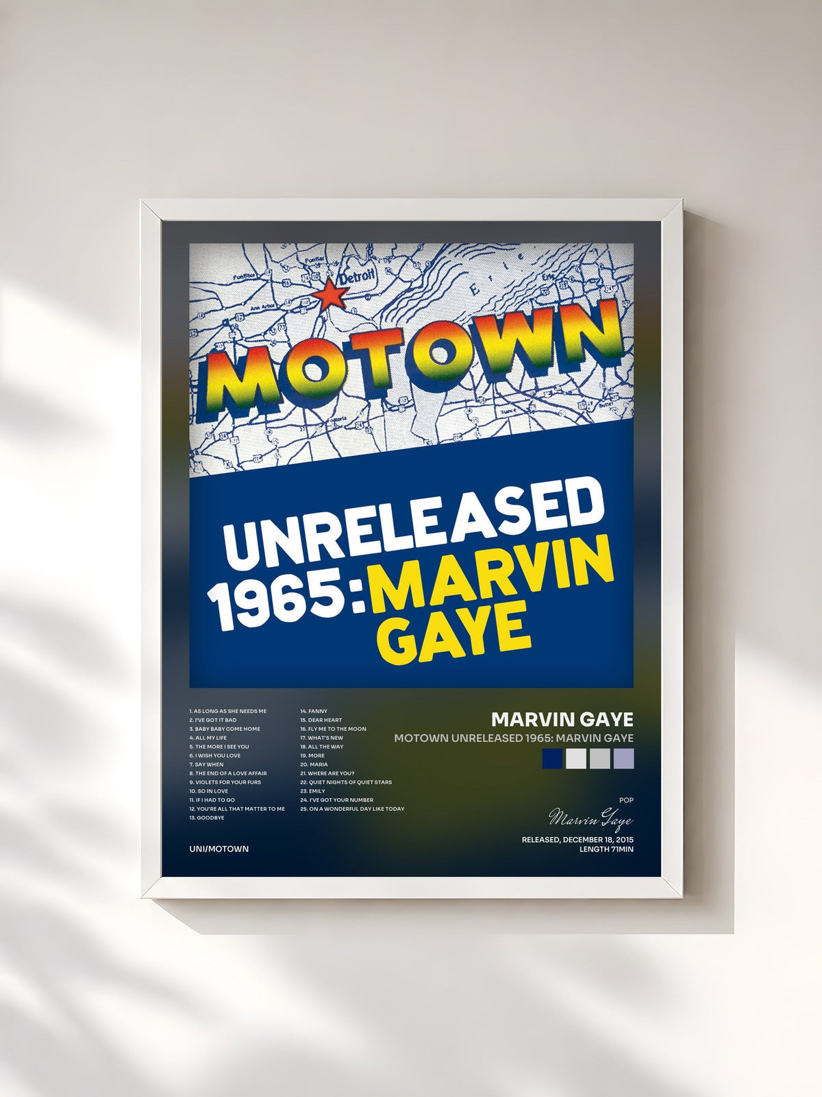 #blanc Tableau de l'album Motown Unreleased 1965: Marvin Gaye de Marvin Gaye, cadre blanc, imprimé et encadré en France