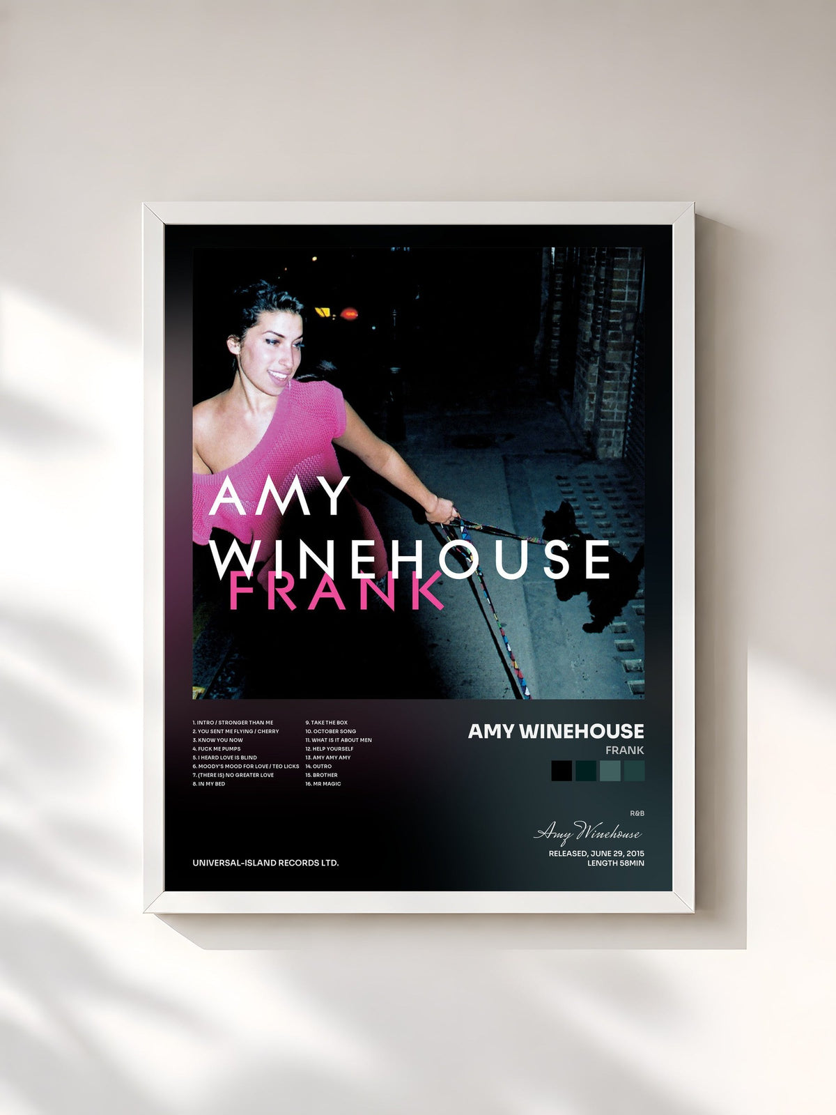 #blanc Tableau de l'album Frank de Amy Winehouse, cadre blanc, imprimé et encadré en France