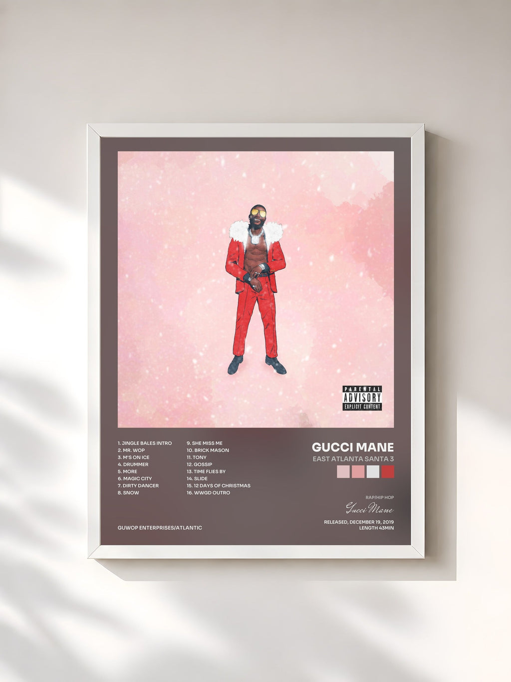#blanc Tableau de l'album East Atlanta Santa 3 de Gucci Mane, cadre blanc, imprimé et encadré en France