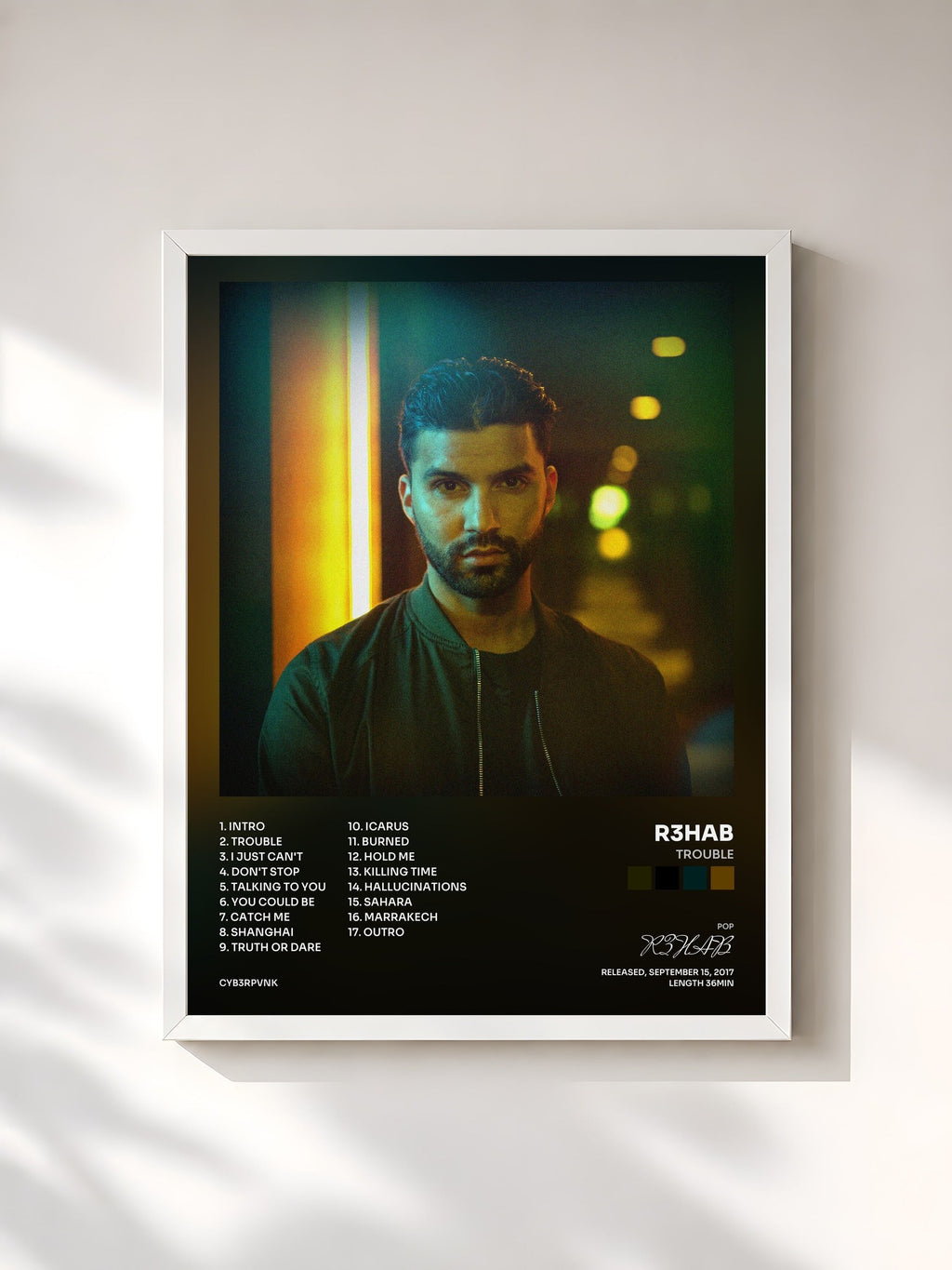 #blanc Tableau de l'album Trouble de R3HAB, cadre blanc, imprimé et encadré en France