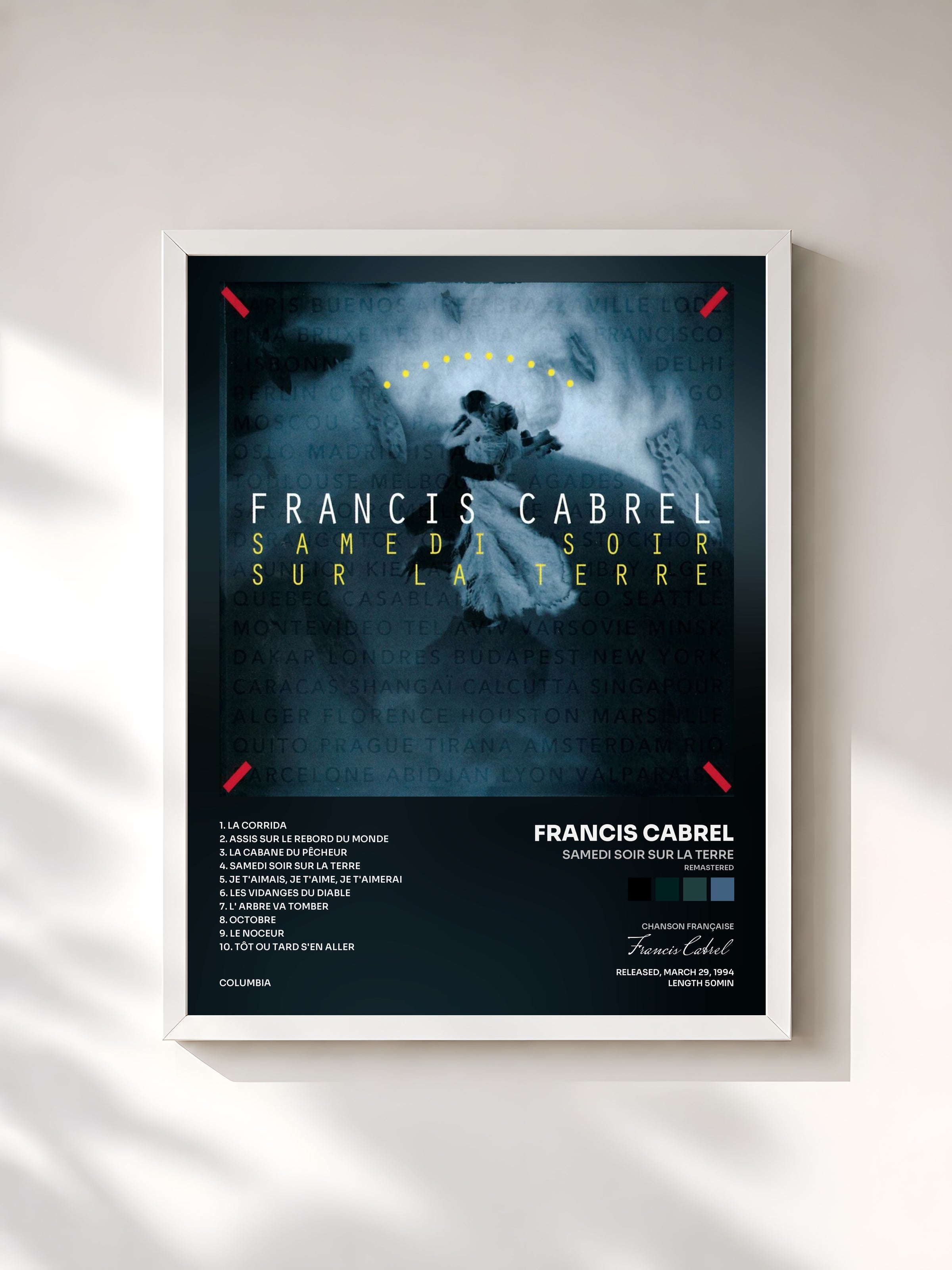 #blanc Tableau de l'album Samedi soir sur la terre (Remastered) de Francis Cabrel, cadre blanc, imprimé et encadré en France