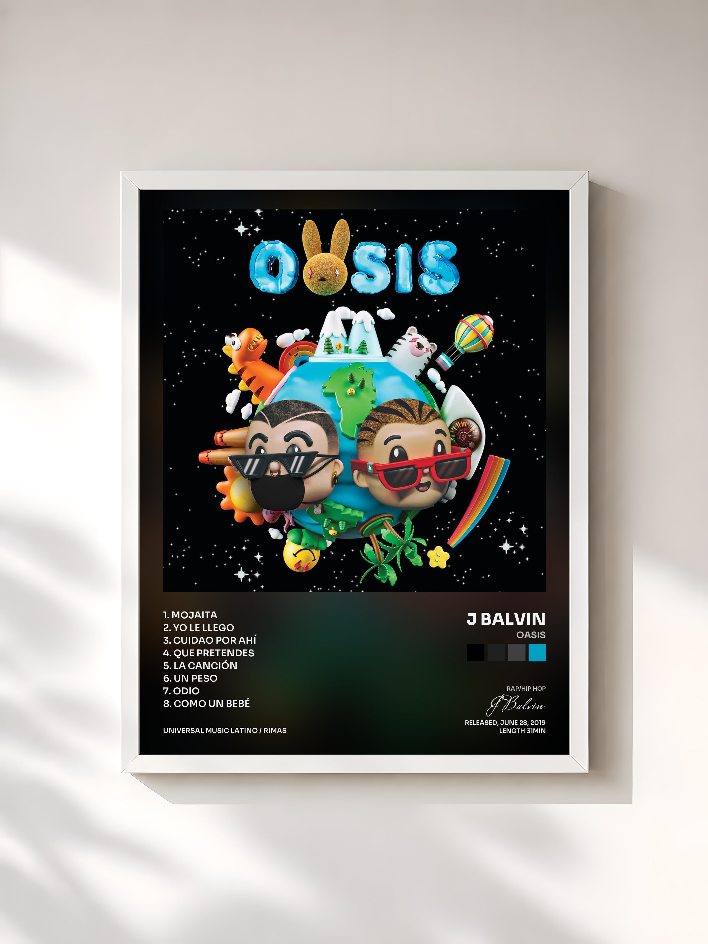 #blanc Tableau de l'album OASIS de J Balvin, cadre blanc, imprimé et encadré en France