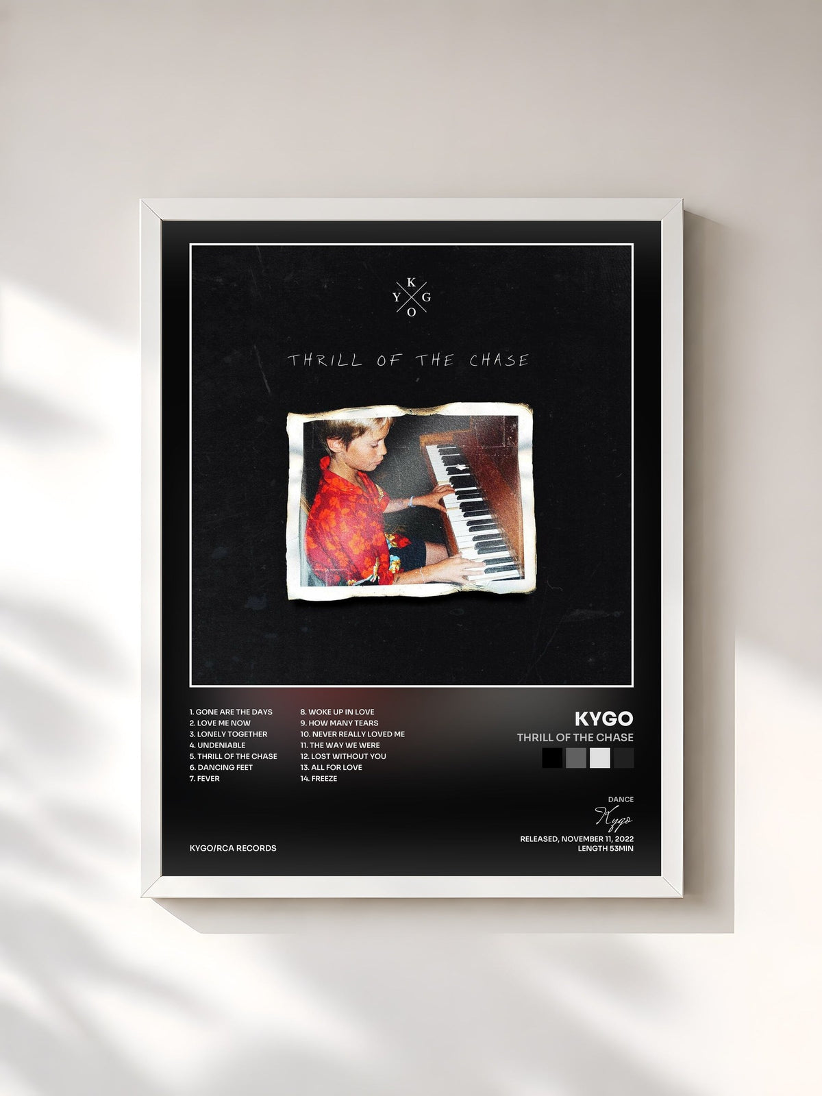 #blanc Tableau de l'album Thrill Of The Chase de Kygo, cadre blanc, imprimé et encadré en France