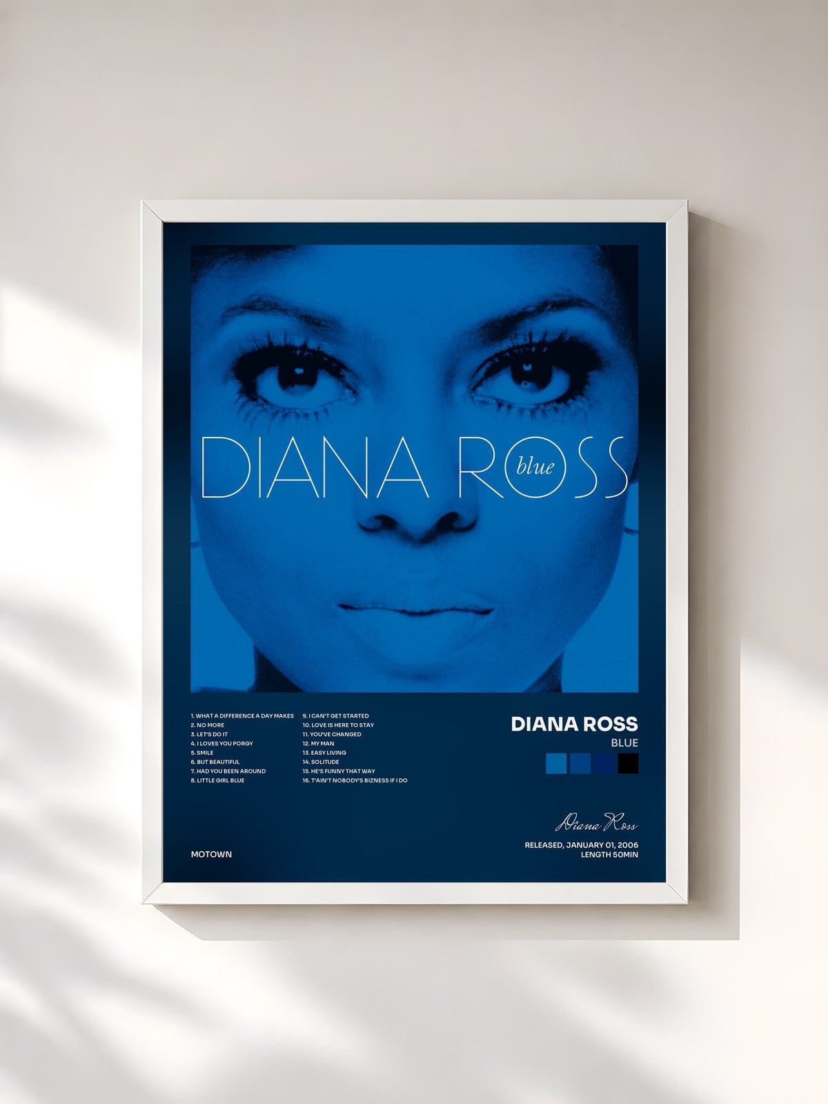 #blanc Tableau de l'album Blue de Diana Ross, cadre blanc, imprimé et encadré en France