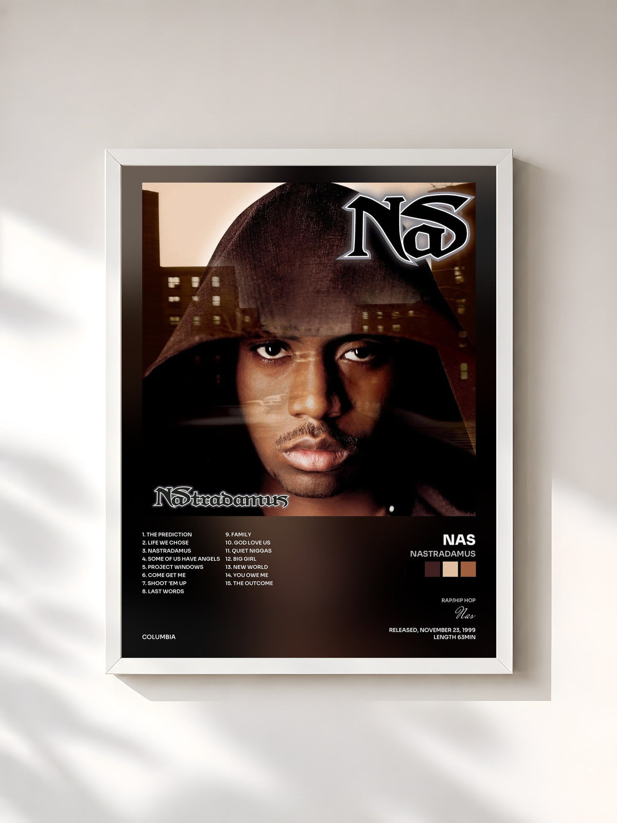#blanc Tableau de l'album Nastradamus de Nas, cadre blanc, imprimé et encadré en France