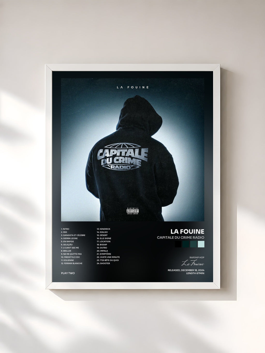 #blanc Tableau de l'album CAPITALE DU CRIME RADIO de La Fouine, cadre blanc, imprimé et encadré en France