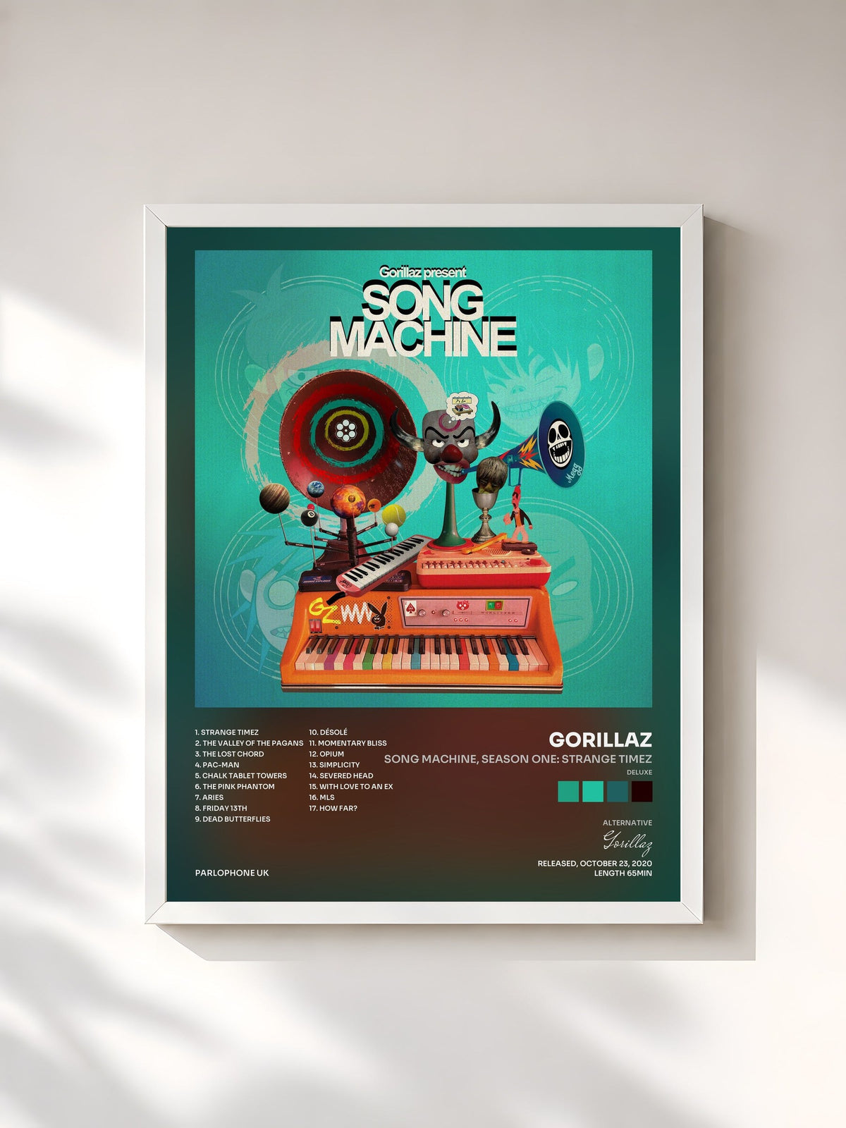 #blanc Tableau de l'album Song Machine, Season One: Strange Timez (Deluxe) de Gorillaz, cadre blanc, imprimé et encadré en France