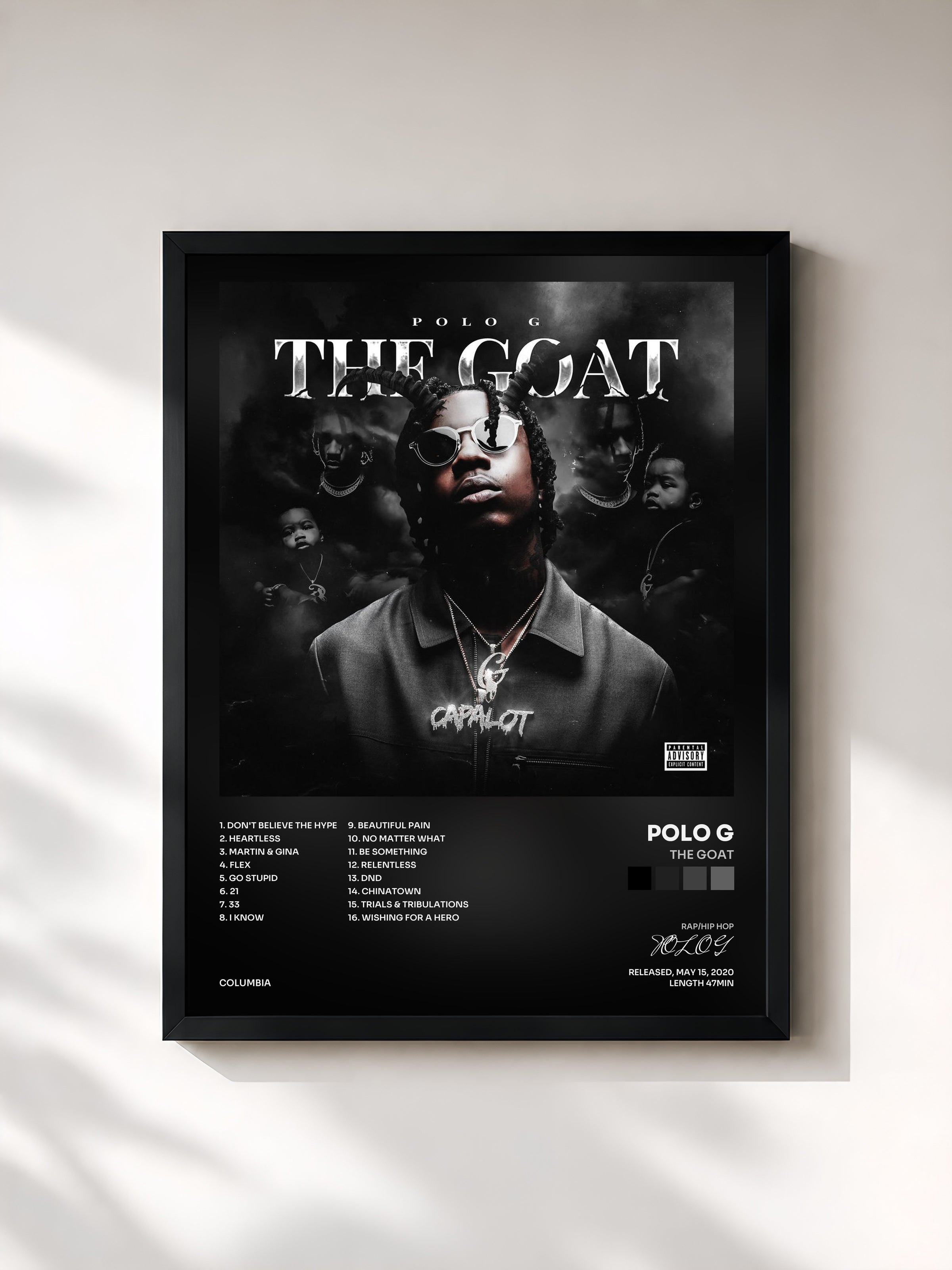 #noir Tableau de l'album THE GOAT de POLO G, cadre noir, imprimé et encadré en France
