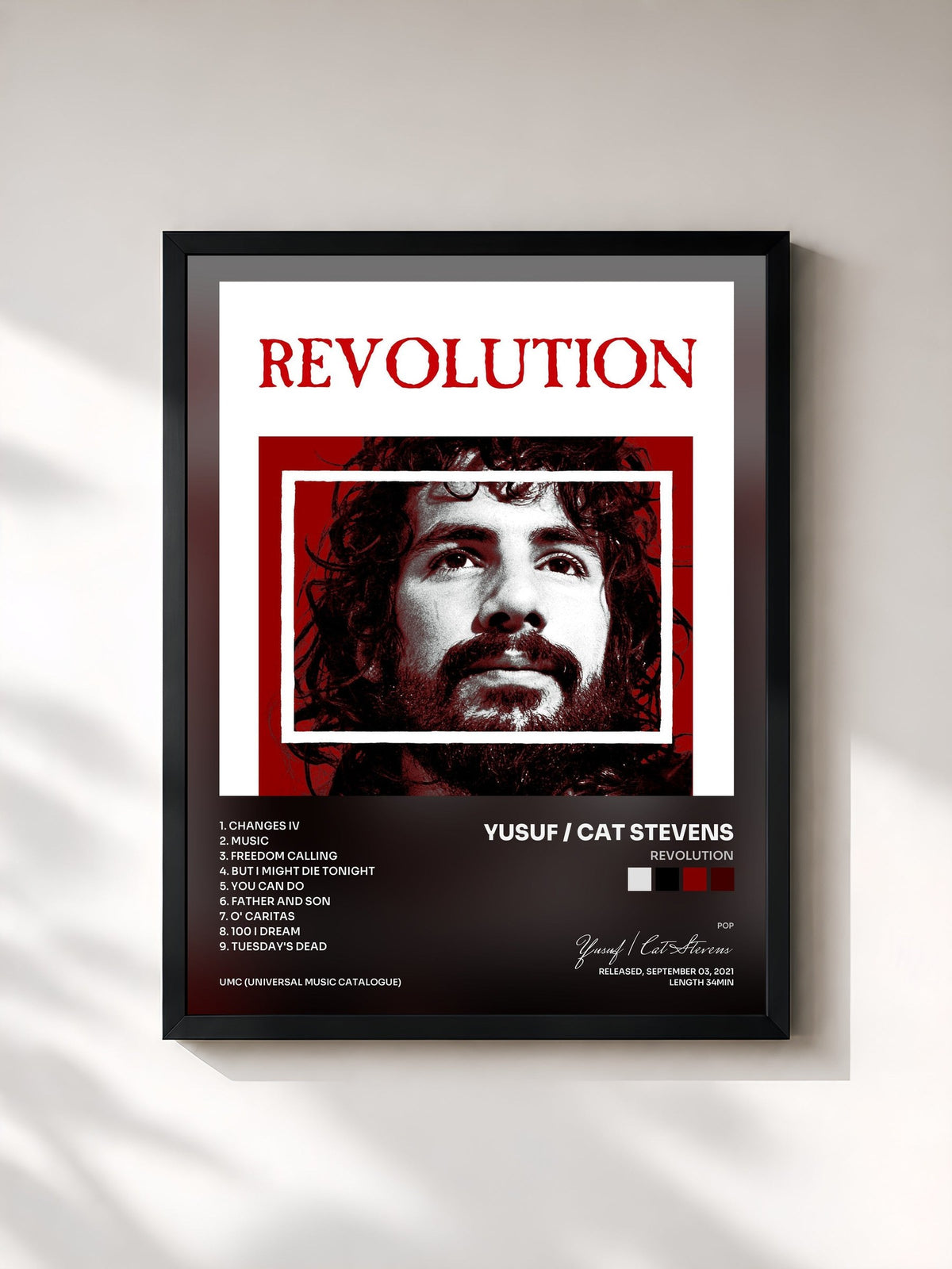 #noir Tableau de l'album REVOLUTION de Yusuf / Cat Stevens, cadre noir, imprimé et encadré en France