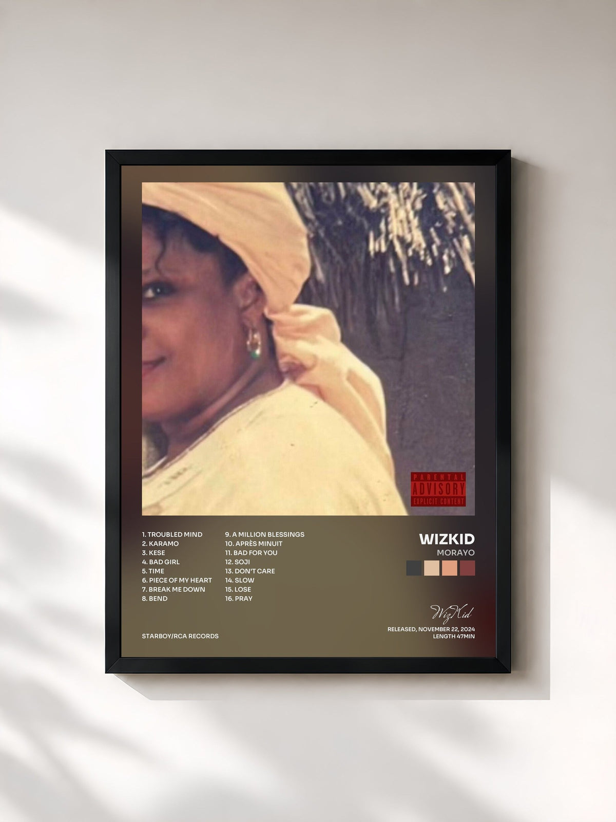 #noir Tableau de l'album Morayo de WizKid, cadre noir, imprimé et encadré en France
