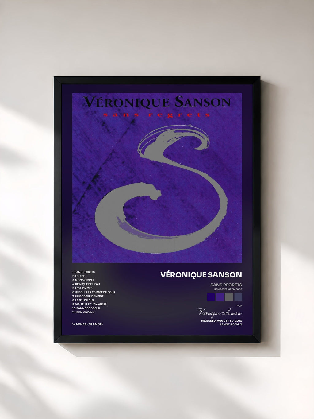 #noir Tableau de l'album Sans regrets (Remasterisé en 2008) de Véronique Sanson, cadre noir, imprimé et encadré en France
