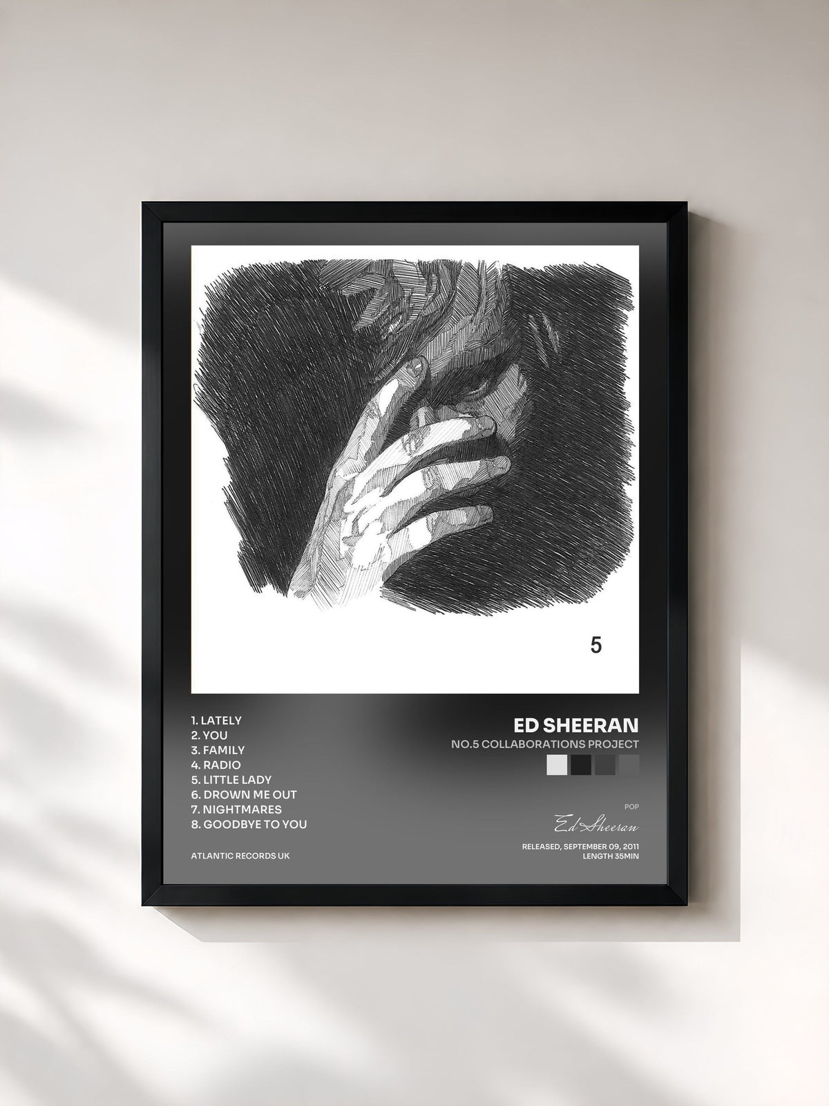 #noir Tableau de l'album No.5 Collaborations Project de Ed Sheeran, cadre noir, imprimé et encadré en France