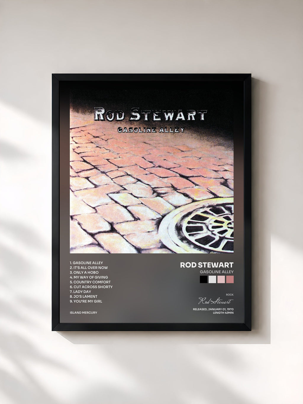 #noir Gasoline Alley by Rod Stewart as a framed art print, black frame, printed and framed in France