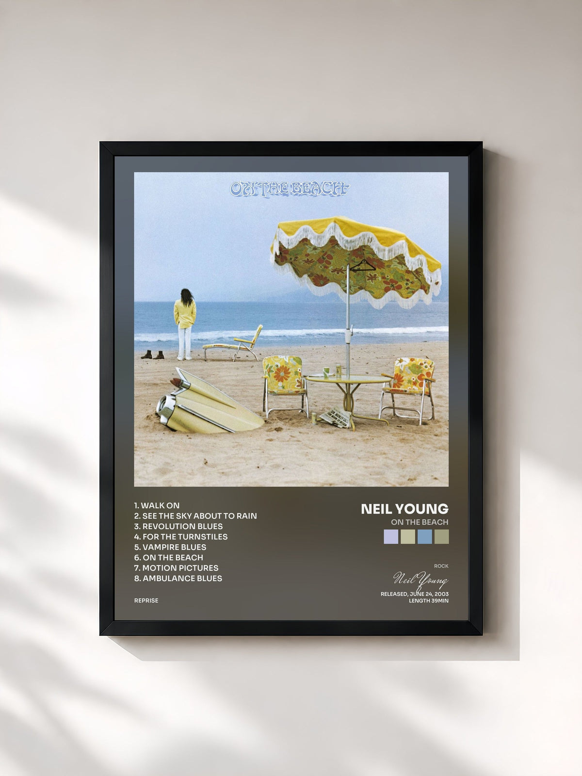 #noir Tableau de l'album On the Beach de Neil Young, cadre noir, imprimé et encadré en France