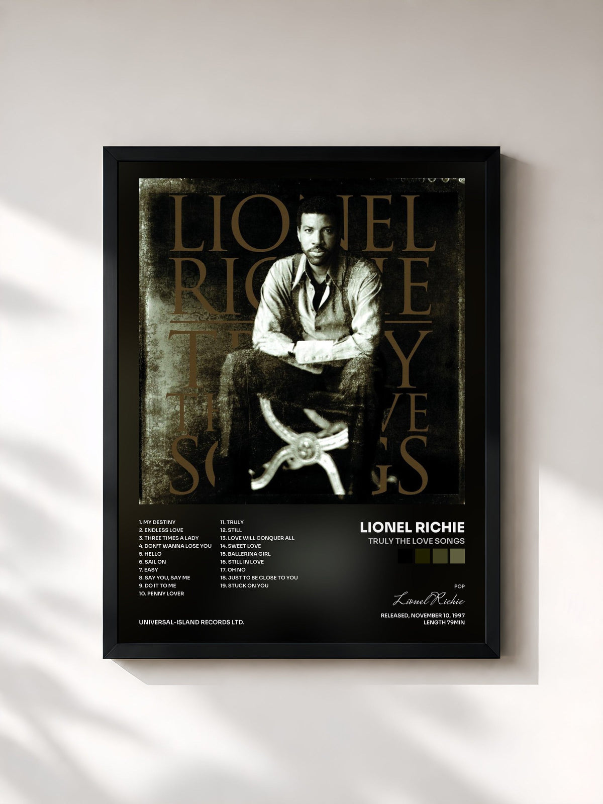 #noir Tableau de l'album Truly The Love Songs de Lionel Richie, cadre noir, imprimé et encadré en France