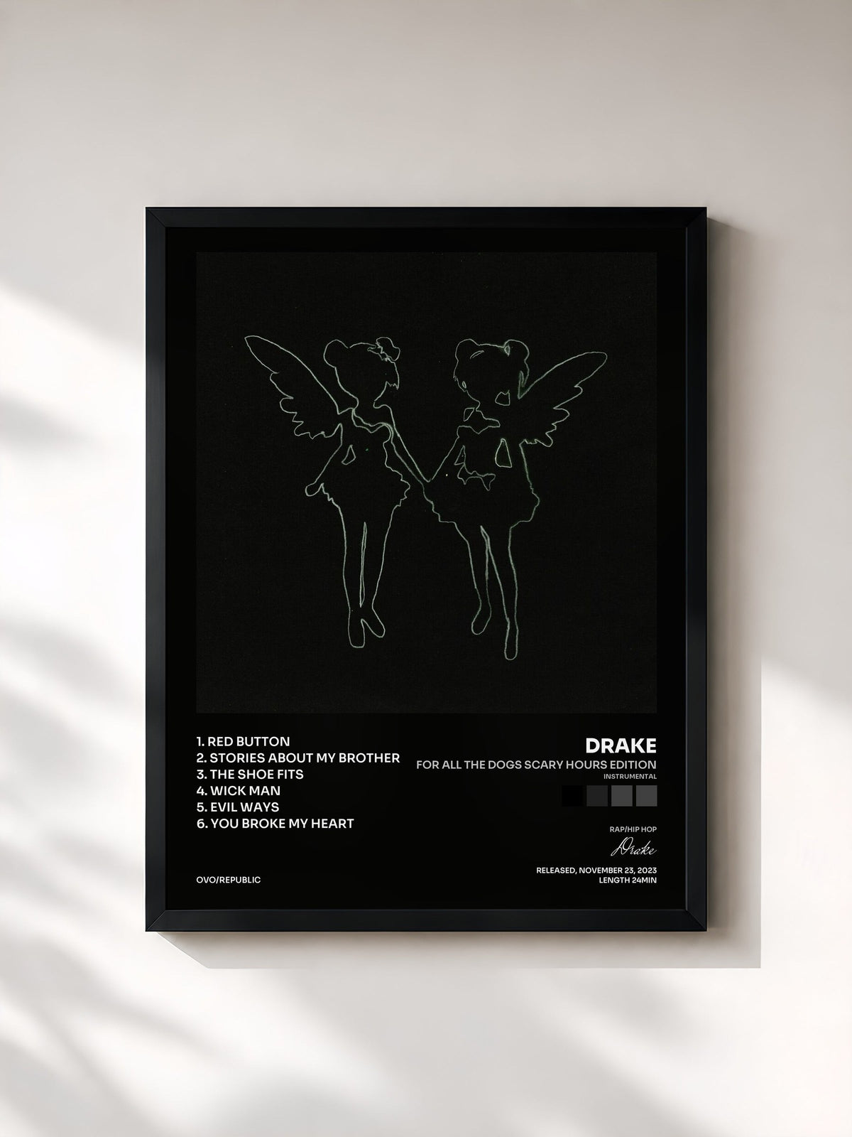 #noir Tableau de l'album For All The Dogs Scary Hours Edition (Instrumental) de Drake, cadre noir, imprimé et encadré en France