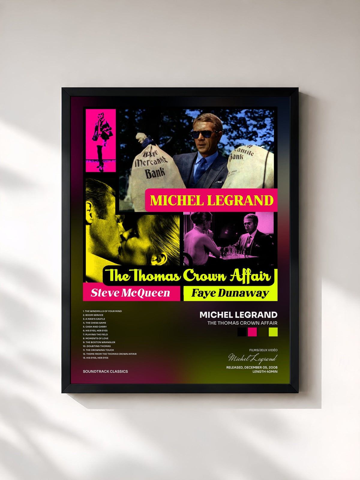 #noir Tableau de l'album The Thomas Crown Affair de Michel Legrand, cadre noir, imprimé et encadré en France