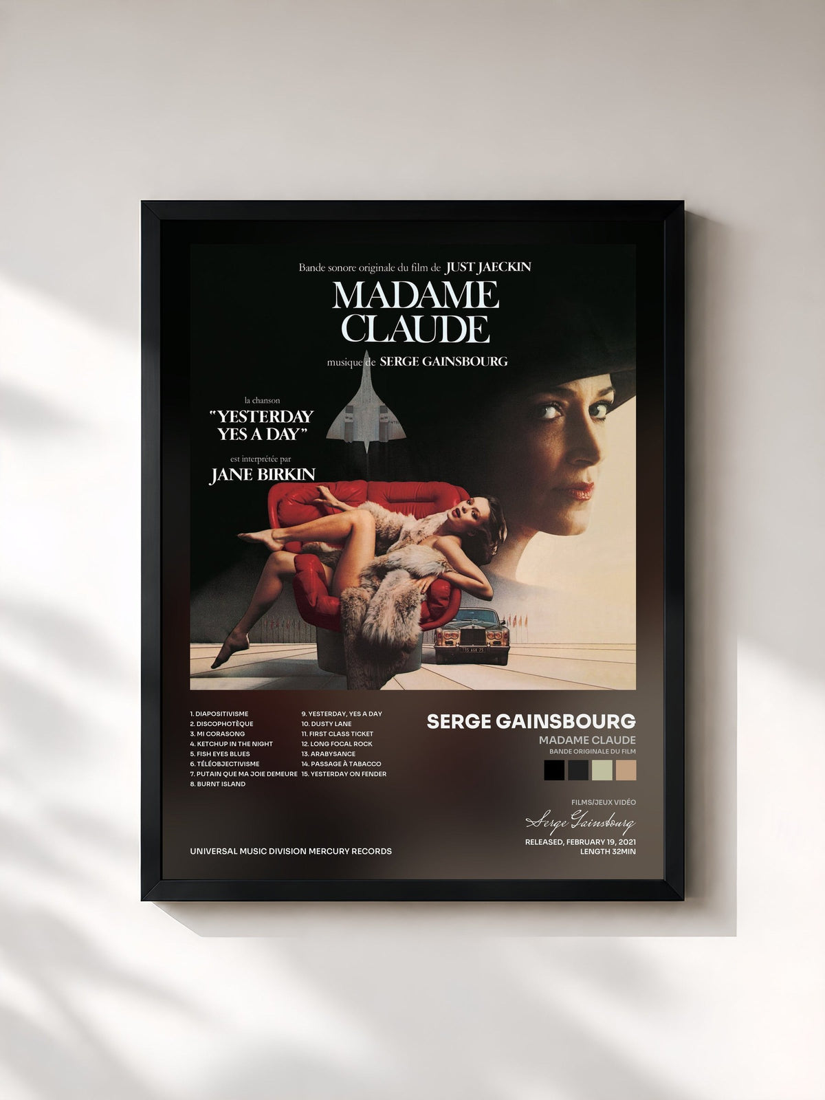 #noir Tableau de l'album Madame Claude (Bande originale du film) de Serge Gainsbourg, cadre noir, imprimé et encadré en France