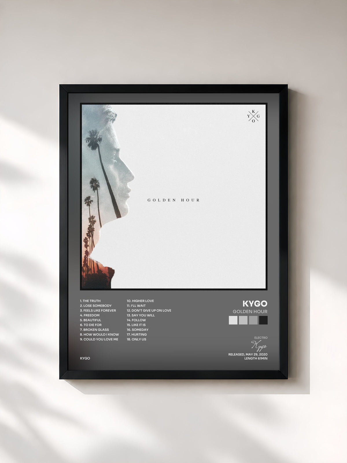 #noir Tableau de l'album Golden Hour de Kygo, cadre noir, imprimé et encadré en France