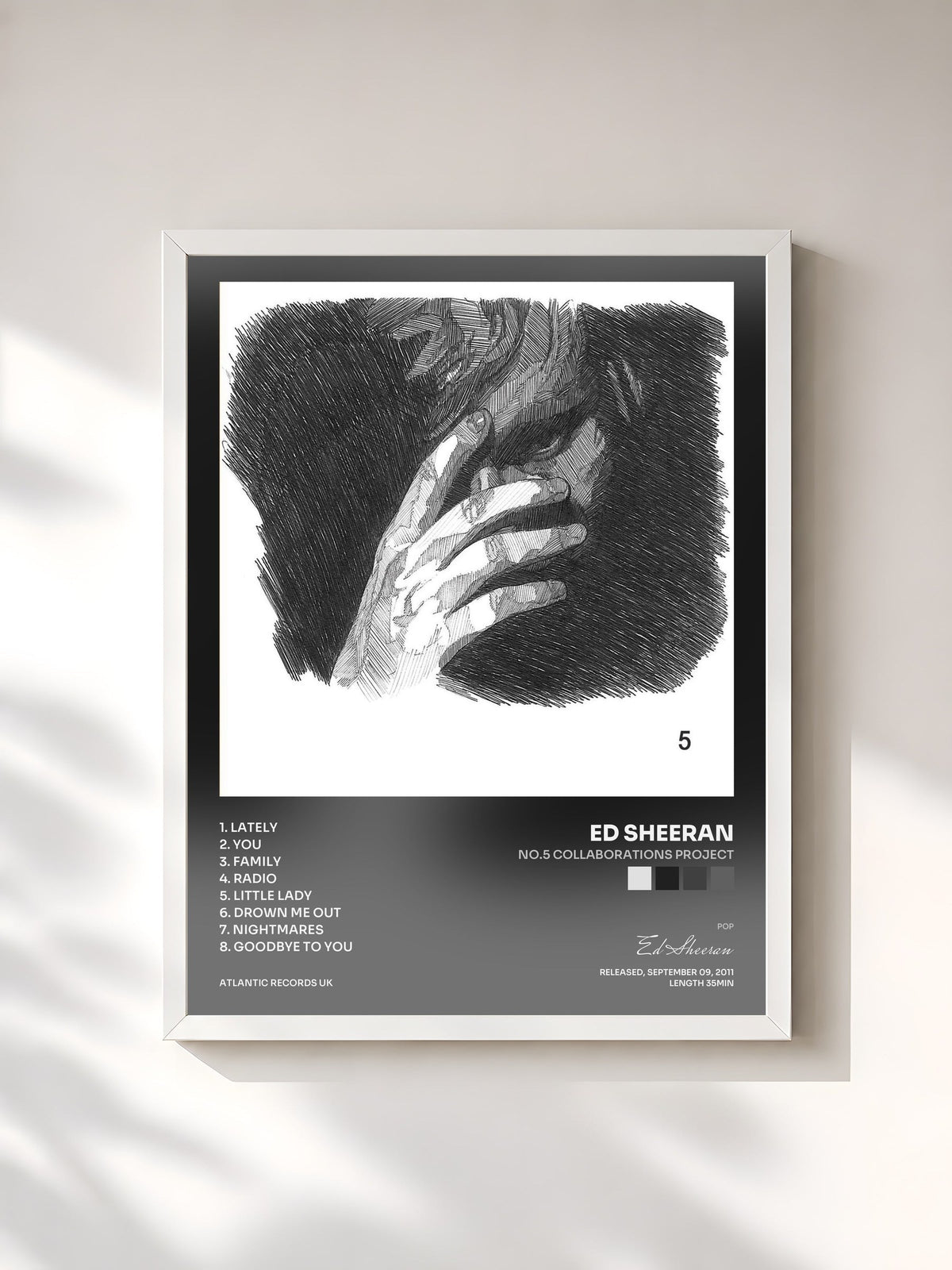 #blanc Tableau de l'album No.5 Collaborations Project de Ed Sheeran, cadre blanc, imprimé et encadré en France