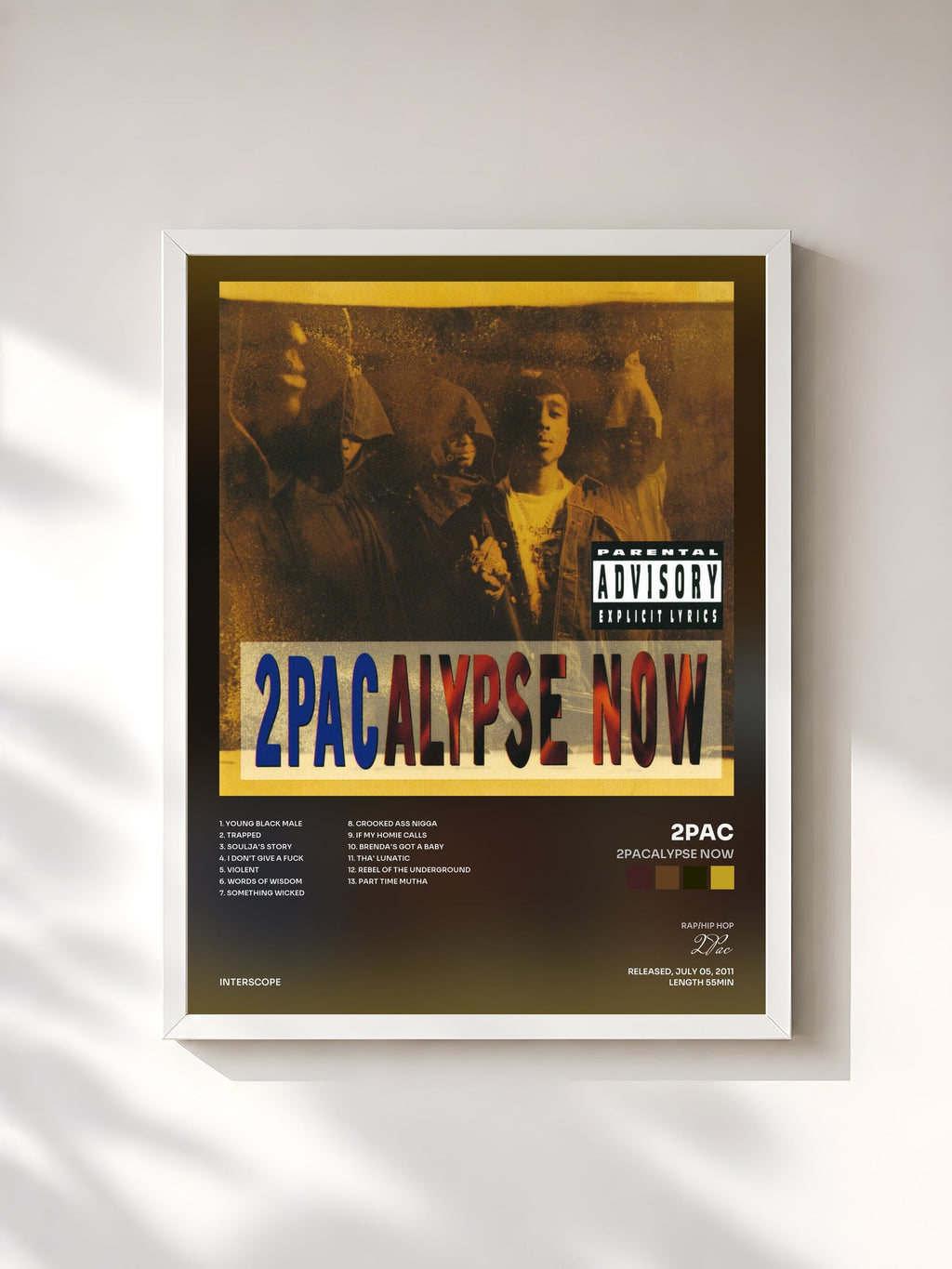 #blanc Tableau de l'album 2Pacalypse Now de 2Pac, cadre blanc, imprimé et encadré en France