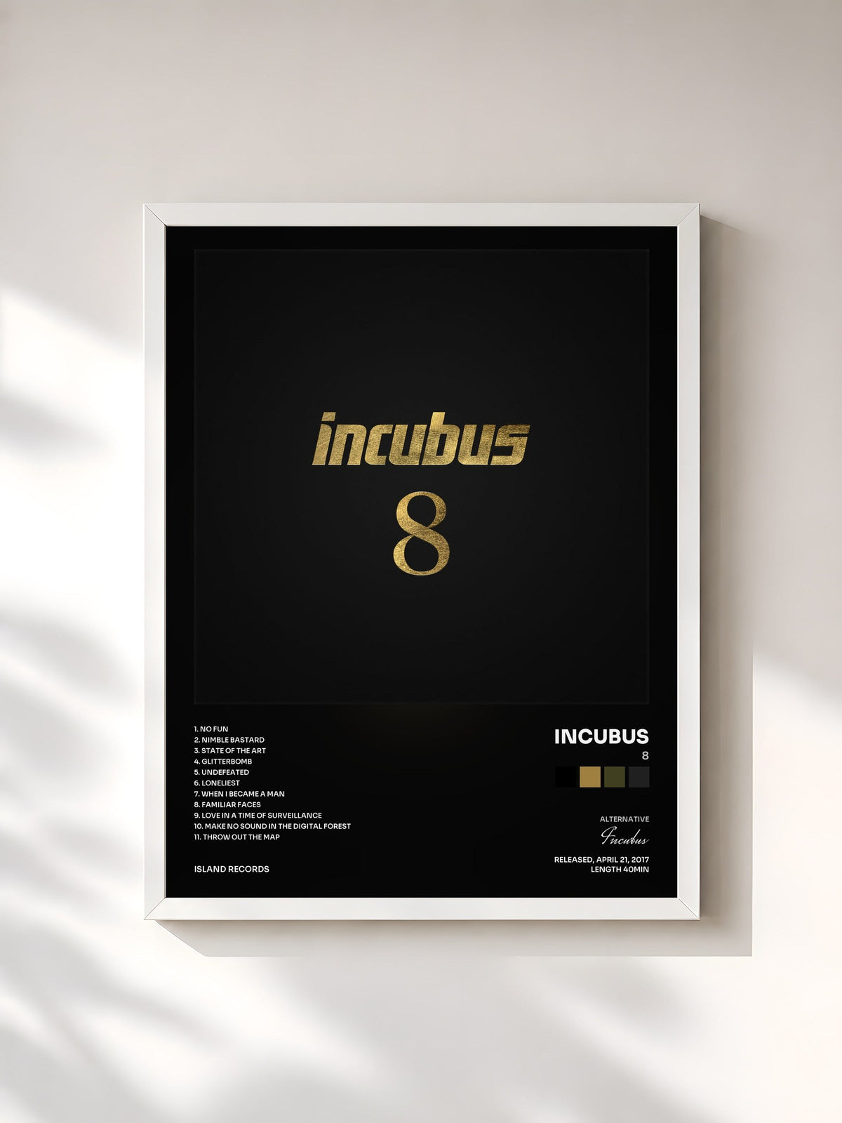 #blanc 8 de Incubus en lámina enmarcada, marco blanco, impresa y enmarcada en Francia