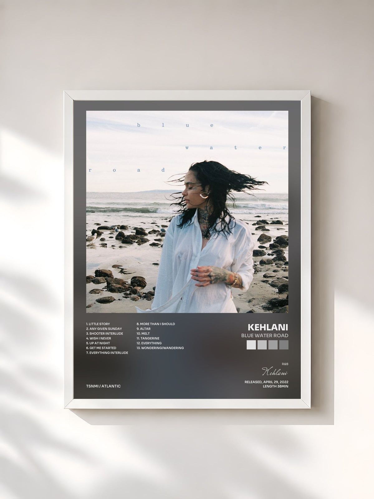 #blanc blue water road by Kehlani as a framed art print, white frame, printed and framed in France