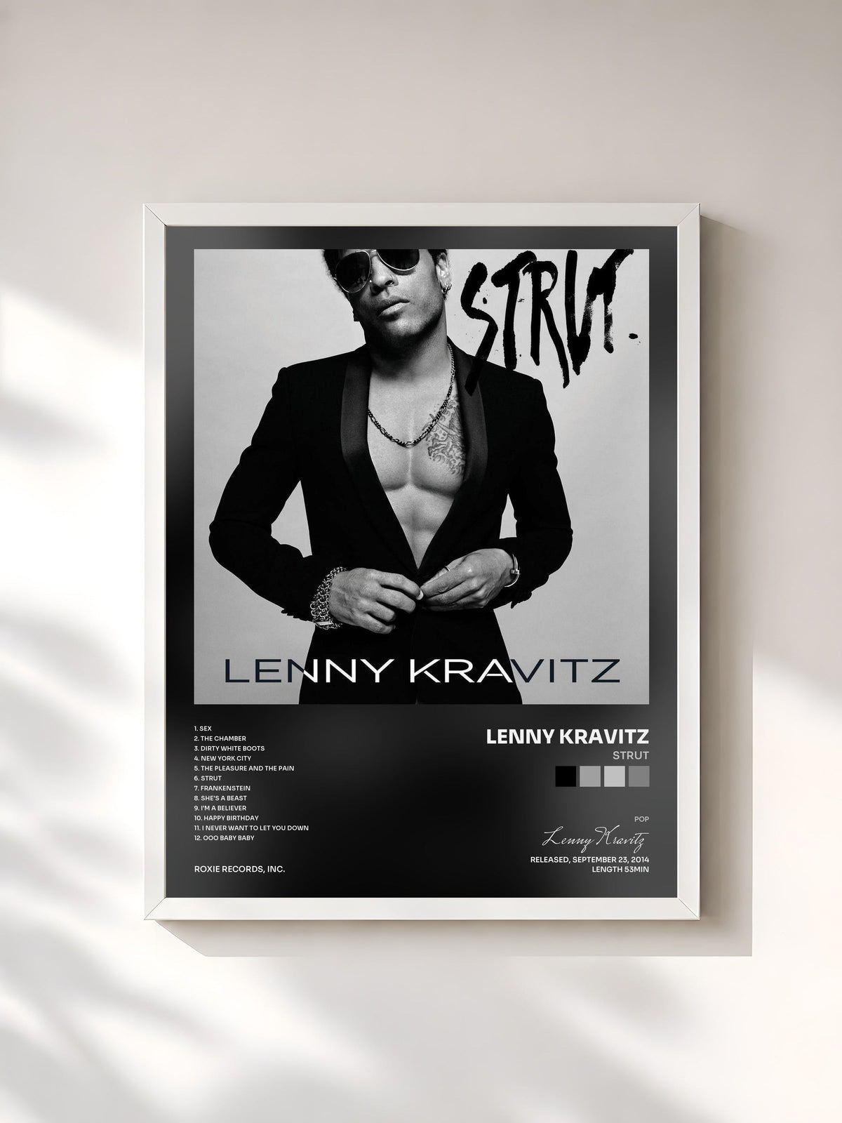 #blanc Strut de Lenny Kravitz en lámina enmarcada, marco blanco, impresa y enmarcada en Francia
