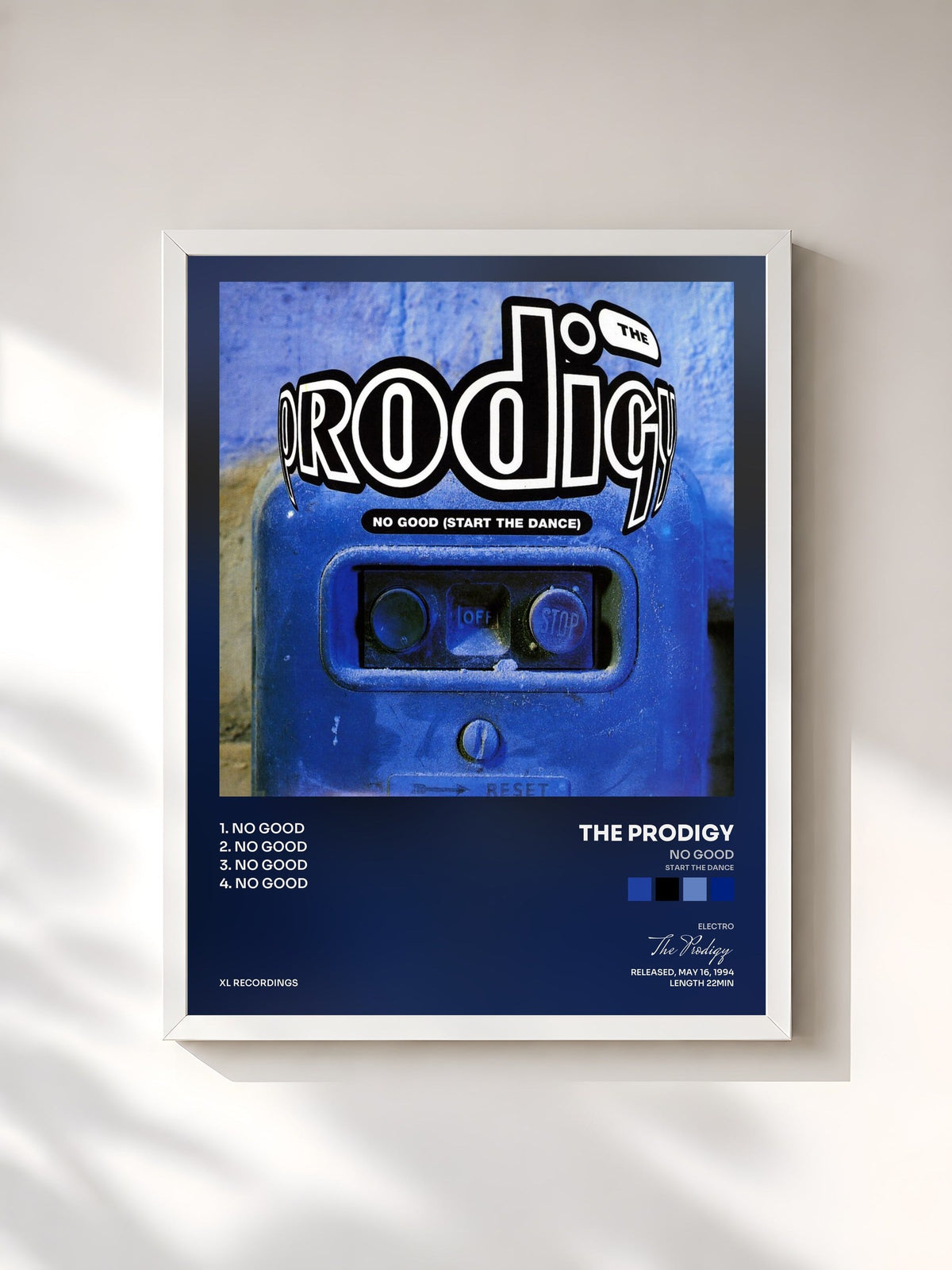 #blanc Tableau de l'album No Good (Start the Dance) de The Prodigy, cadre blanc, imprimé et encadré en France